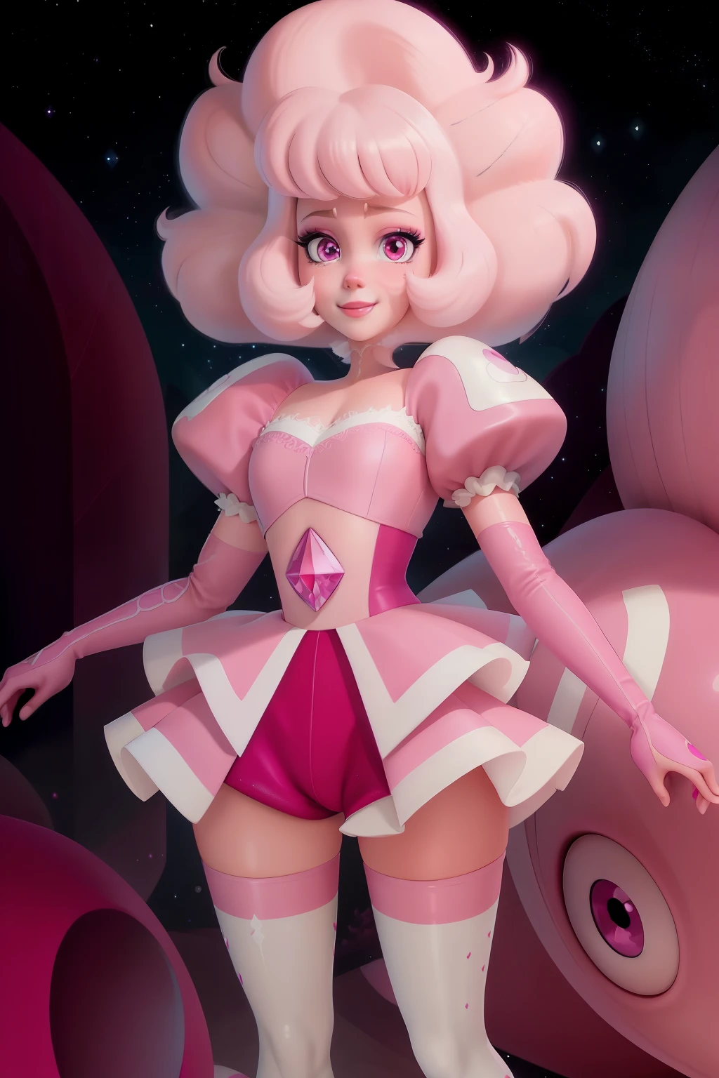 pnkdamond, pink hair, pink eyes,  big hair,  stomach gem,  pink skin,  toned, 
puffy short sleeves, elbow gloves ,  white thighhighs,   puffy dress, 
standing, upper body, 
 outerspace,  
(insanely detailed, beautiful detailed face,beautiful detailed eyes, masterpiece, best quality) cinematic lighting,  smile, 
 