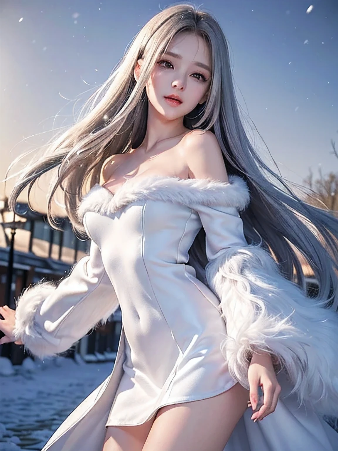 ((masterpiece:1.5、8k、Portraiture、Photorealistic and very detailed CG、Very detailed、Particle Effects、Dynamic Effects、Written boundary depth、Cinematic Light、Lens flare、Ray Tracing、Tabletop、Realistic:1.4、超A high resolution:1.2、Realistic、Realistic))((alone、A woman wearing a long white fur coat over an off-the-shoulder knit top:1.4、Elegant woman posing:、Detailed face、Bright expression、young, Brighter, Whiter skin、Ample breasts、Best Looks、Ultimate beauty、Silver hair with shiny highlights、Bright shiny hair,、Super long, Silky straight hair、Hair dancing in the wind))(morning、The setting is outdoors, covered in snow.,Streets of England )