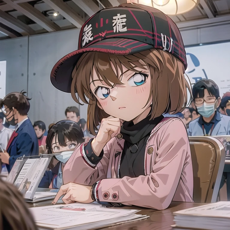 UHD, super detail, 1 Girl,10 years old, Haibara ai , Detective Conan,Brown Hair, Shortcuts, hat, mask,  (((comiket))), table, chair, book, indoors, photo background, indoors, wide shot,