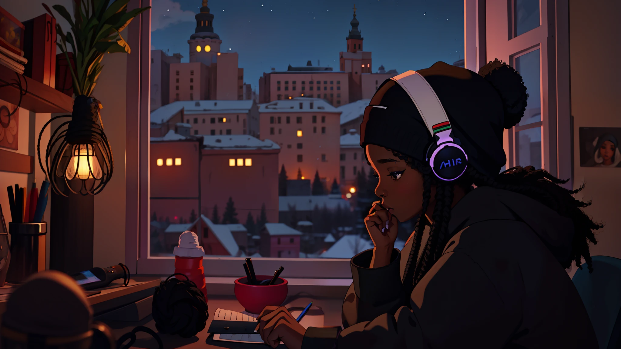 "lofistudy, lofistudy, One girl, write, From the side,Ghanaian girl, Afro Hair, Long Hair, Headphones, Beanie, window, Ukraine background, night, Ebony peel,