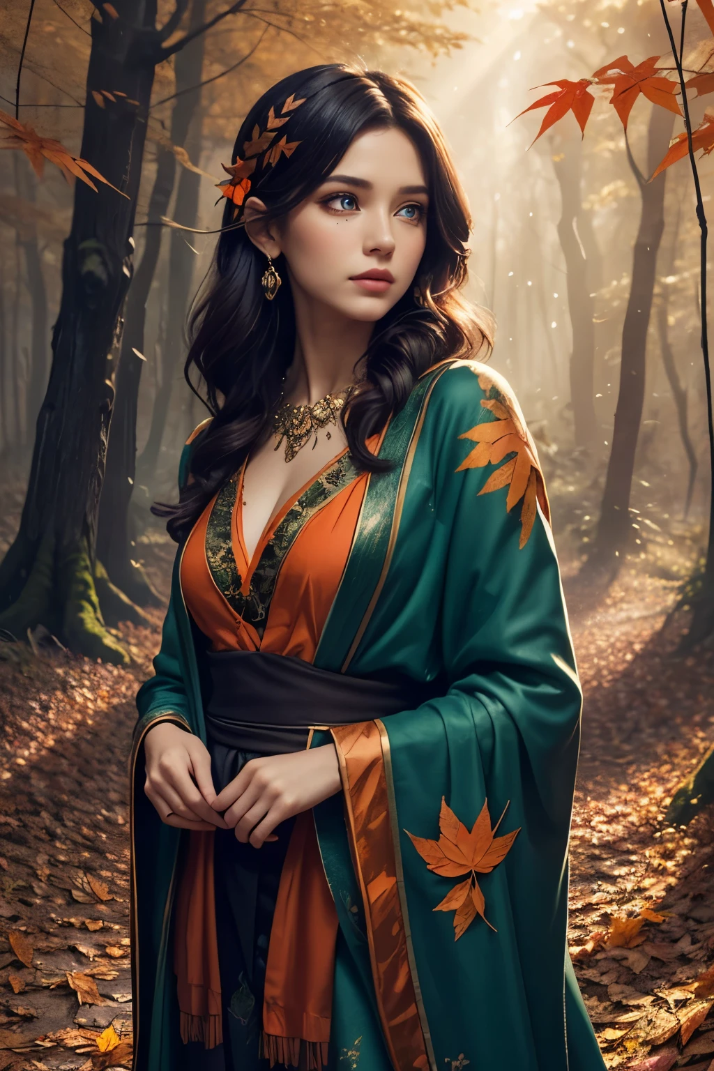 This is a (((highly detailed))) and (((hires))) fantasy image with (((many woodland elements))) and ((many colors)). Generate one interesting woman. The woman has striking eyes and beautiful eyes and ((colorful eyes)), with many colors and interesting patterns. Her clothing is soft and ornate, with flowing silks and sparkling gems. The woman is a (woodland faerie) standing in the midst of an autumn forest with hazy sunlight and (((many realistic red and orange leaves))) falling. The forest is thick with beautiful trees and rays of sunlight or moonlight. Include fall leaves in the air, wind, and chilly weather. Use dynamic composition and lighting to create a (compelling masterpiece). The image should be busy and chaotic with leaves swirling in the wind. Include shimmer, shimmering, fantastical details, (ultra-detailed), cheek blush, cheek flush, puffy lips, fanfo