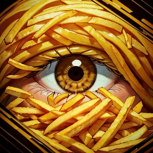 (a french fries about to stab the eye, scary, abstract, distorted reality, Illusion, yellow-brown tone, illustration, 2d