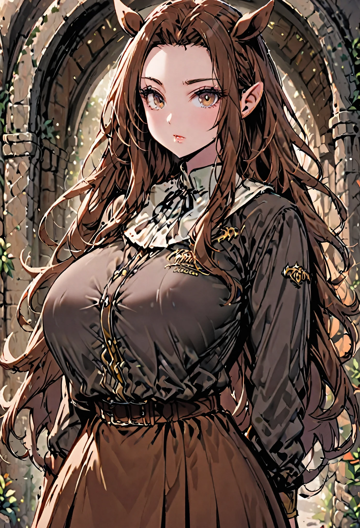 solo, female, sfw, medium shot, long wavy hair, brown hair, brown eyes, centaur girl, brown horse ears, huge breasts, scholar, modest clothes, autitorium, from the waist up