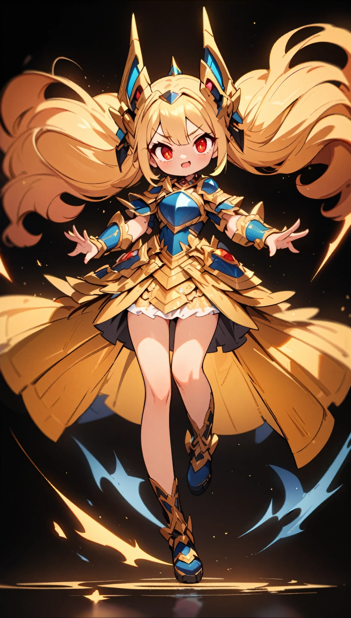 (full body:1.8), masterpiece, best quality, extremely detailed, high resolution, Japanese anime,1girl,blonde hair, (short length hair:1.4), side braid hair, curly hair, wavy hair, drill hair, curl outward hair, (mechanical horn:1.5), mechanical wing, (blue eyes:1.5), (beautiful detailed eyes:1.4), laugh, 130cm tall, original character, fantasy, (black background:1.2), (full body:1.8), beautiful fingers, (standing:1.8), huge breasts, (blue gold lace frill armor dress:1.5), (bejeweled headgear:1.5) , shoot from front, looking at viewer