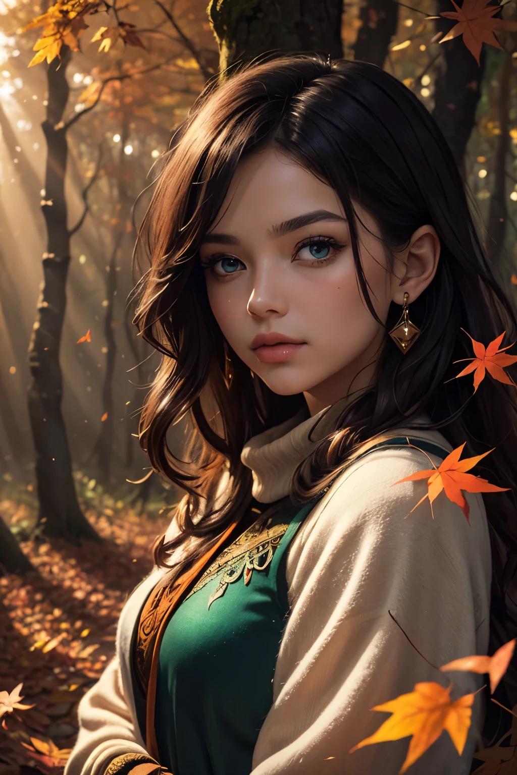 This is a (((highly detailed))) and (((hires))) fantasy image with (((many woodland elements))) and ((many colors)). Generate one interesting woman. The woman has striking eyes and beautiful eyes and ((colorful eyes)), with many colors and interesting patterns. Her clothing is soft and ornate, with flowing silks and sparkling gems. The woman is a (woodland faerie) standing in the midst of an autumn forest with hazy sunlight and red and orange leaves falling. The forest is thick with beautiful trees and rays of sunlight or moonlight. Include fall leaves in the air, wind, and chilly weather. Use dynamic composition and lighting to create a (compelling masterpiece). The image should be busy and chaotic with leaves swirling in the wind. Include shimmer, shimmering, fantastical details, (ultra-detailed), cheek blush, cheek flush, puffy lips, fanfo