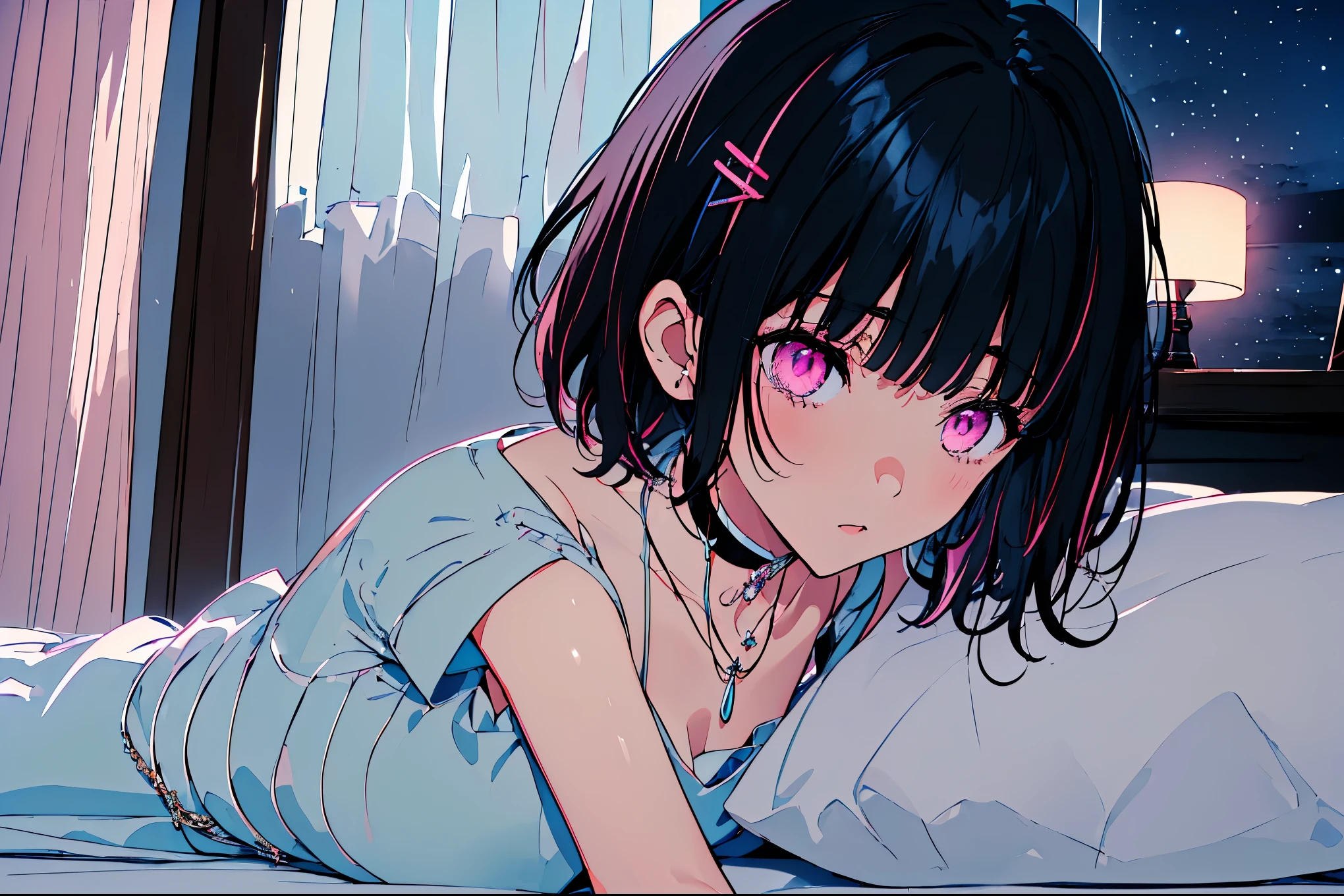 {{{{masterpiece}}}}, {{{Super detailed}}}, {{{high resolution}}},{{high resolution:1.3}}, {{good anatomy}}, (((best quality))), ((on the bed,indoor,blue theme,anime style,anime girl)),(((pink eyes,black hair streaked blue inside))),(big perfect eyes),((yandere,dark eyelash)),(((smart casual in pale blue color,collarbone,white dress, jewelry, choker,necklace,dark atmosphere,night time))), hairclip, {8k cg wallpaper}, {{illustration,zoom in,focus on face,close-up shot, looking out a window}},((floating hair|blunt bangs|short hair|curly perm))smile,(1girl:1), bride,solo,alone,(Color difference:1.2),emotionless,blushing,neat face,(medium breasts),((The details are complex、Shallow depth of field、weak lighting、a Canon EOS R5、50mm lens、f / 2.8、shot at 8k resolution))