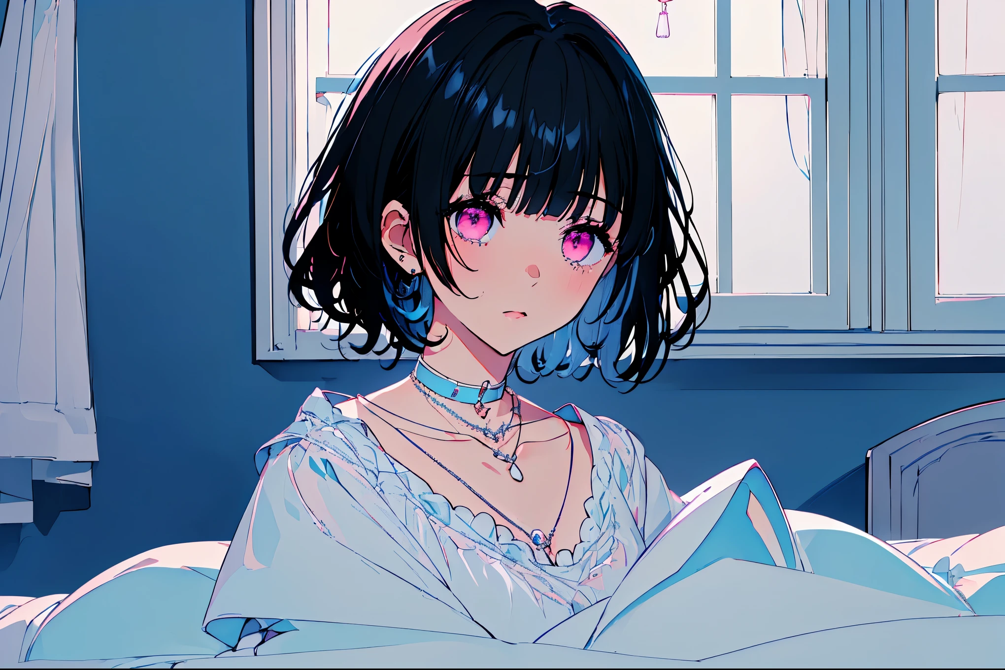 {{{{masterpiece}}}}, {{{Super detailed}}}, {{{high resolution}}},{{high resolution:1.3}}, {{good anatomy}}, (((best quality))), ((on the bed,indoor,blue theme,anime style,anime girl)),(((pink eyes,black hair streaked blue inside))),(big perfect eyes),((yandere,dark eyelash)),(((smart casual in pale blue color,collarbone,white dress, jewelry, choker,necklace,dark atmosphere,night time))), hairclip, {8k cg wallpaper}, {{illustration,zoom in,focus on face,close-up shot, looking out a window}},((floating hair|blunt bangs|short hair|curly perm))smile,(1girl:1), bride,solo,alone,(Color difference:1.2),emotionless,blushing,neat face,(medium breasts),((The details are complex、Shallow depth of field、weak lighting、a Canon EOS R5、50mm lens、f / 2.8、shot at 8k resolution))