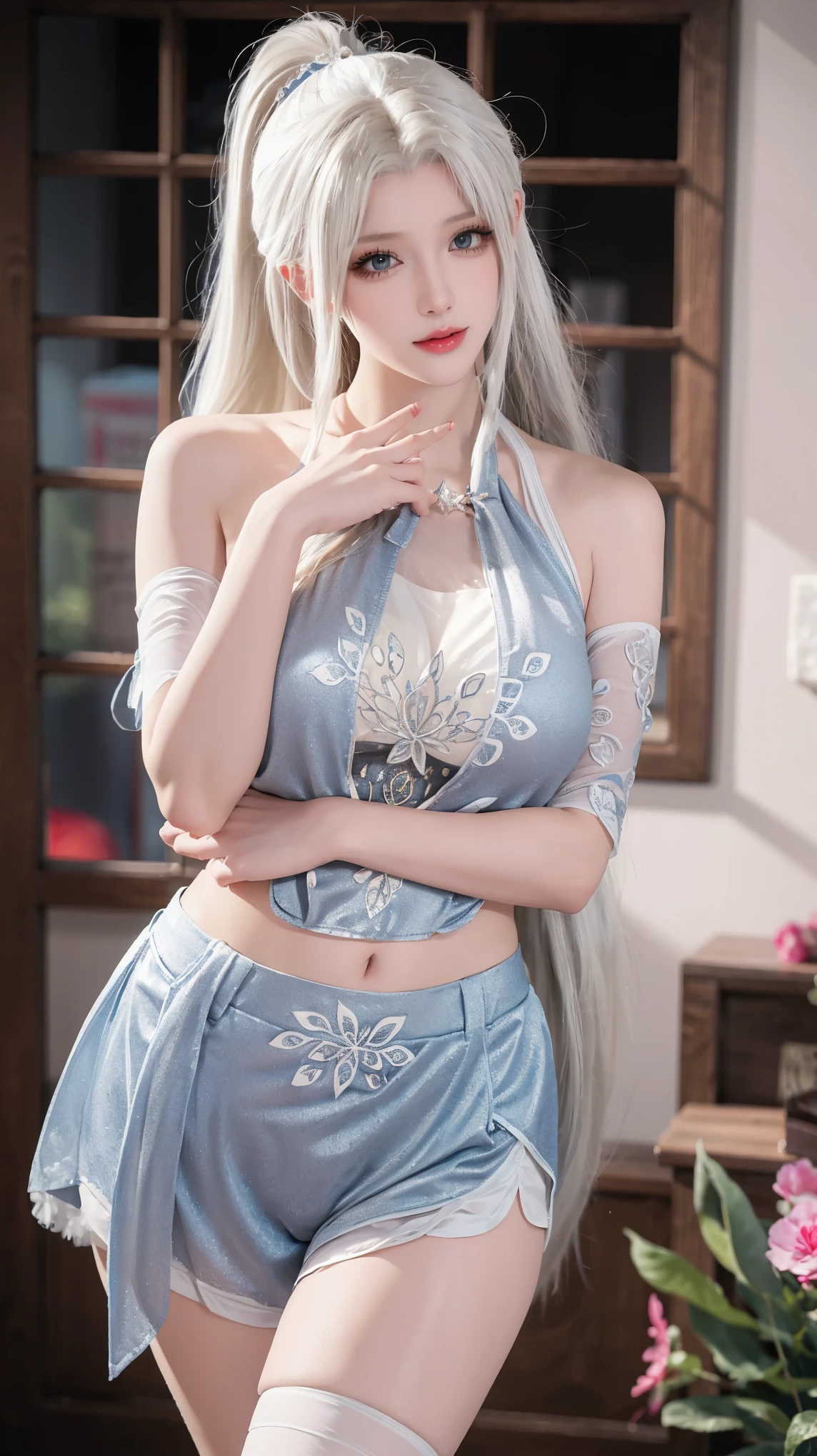 a white hair、Close-up of Miss wearing white mask, Beautiful character painting, guweiz, Gurwitz-style artwork, White-haired god, author：Yang Jie, Epic and beautiful character art, Stunning character art, author：Fan Qi, by Wuzhun Shifan, pixiv Art Street Guviz, Single ponytail, insult, High Ponytail, Tall and big, Long legs, (Sleeveless lace shirt), (shorts), (Striped )), ((Striped )), Walk, elegant, dignified, Miss, Beautiful curves, sweet smile, Strong sense of detail and layering, color丰富绚丽, Has a unique texture, rich and colorful, color, vivid, design art, 16K, Super detailed, {{illustration}}, {Extremely refined}, {Exquisite surface treatment}, Super detailed, Delicate and shining eyes, {{Movie Lighting}}, Extreme lighting effects, Model: realism, CFG size: 12, Laura: Bright texture (1.35), high quality, masterpiece, Exquisite facial features, Delicate hair depiction, Detailed depiction of eyes, masterpiece, best quality, Ray Tracing, Extremely detailed CG unified 8k wallpaper, masterpiece, best quality, (1 girl), 完美Miss身材, (((Skinny white T-shirt))), beautiful eyes, (Delicate face), Black short hair, Tie your hair up, light blue hairpin, Black Silk Frame Glasses, in class, (White skin), (Optimal lighting), (Super intricate details), 4k unity, (Super detailed CG), Showing off her white legs, , Hot Pants, shorts,