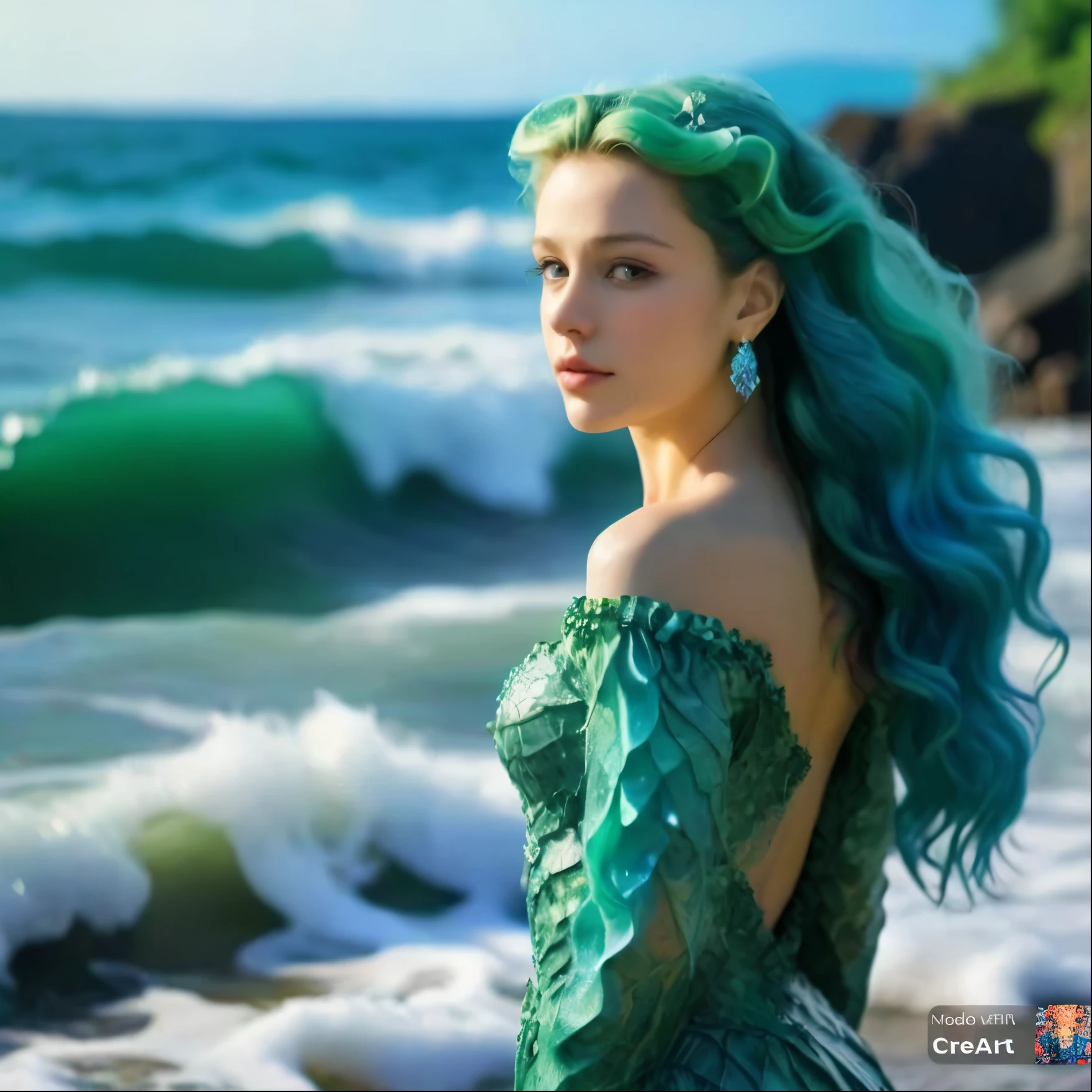 A young woman with voluminous hair in shades of blue and green, rippling like the waters of the ocean. Her hair is adorned with small shells and pearls that shine softly. Your eyes are a sparkling emerald green, with makeup in shades of blue and gold that recalls the depths of the sea. Your skin has a pearly glow, as if reflecting the light of the water. Ao fundo, there is a soft texture of corals and seaweed in pastel tones, that complete the underwater environment. 8 k quality, mystical and ethereal style.