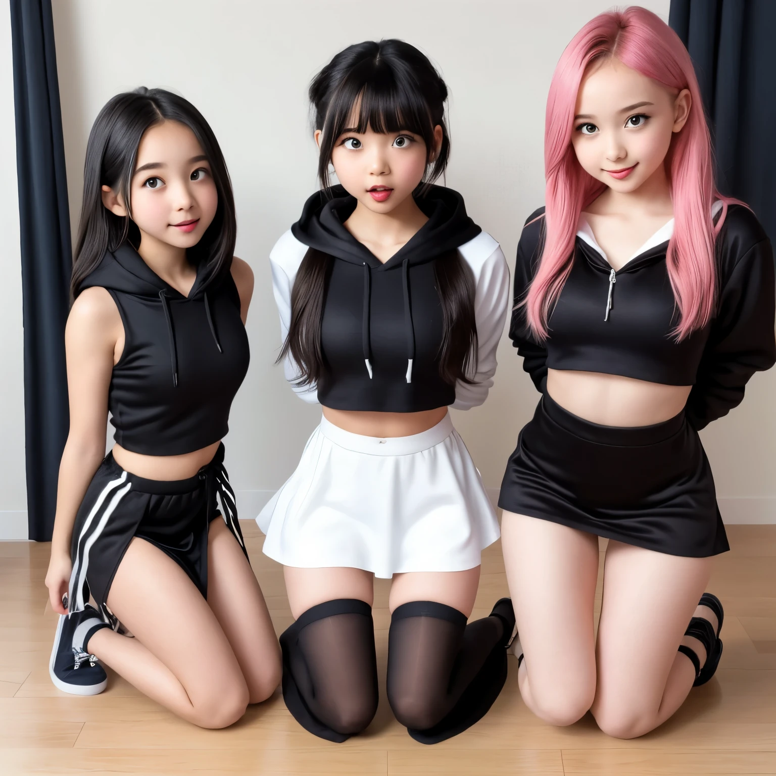 3 sweet innocent tween 18 year olds kneeling, bound, tied up, wearing crop top hoodies and short skirts, ahegao, innocent and playful, real photography, modern look, silky dress or skirt with cutouts, skinny body, famous actress, beautiful face