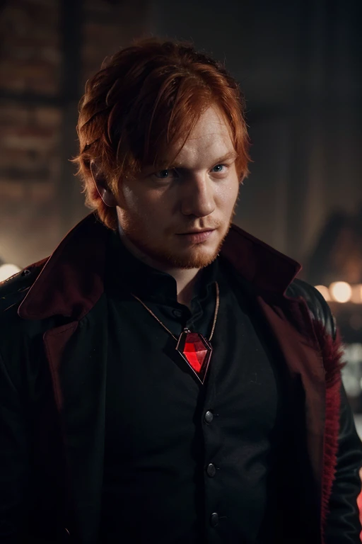 Crie um poster do Ed sheeran, a handsome strongman superhero with a red crystal on his chest, red-haired strong superhero with scarlet diamond powers wearing a black shirt and a scarlet red overcoat with large pointy red crystals coming out of his back