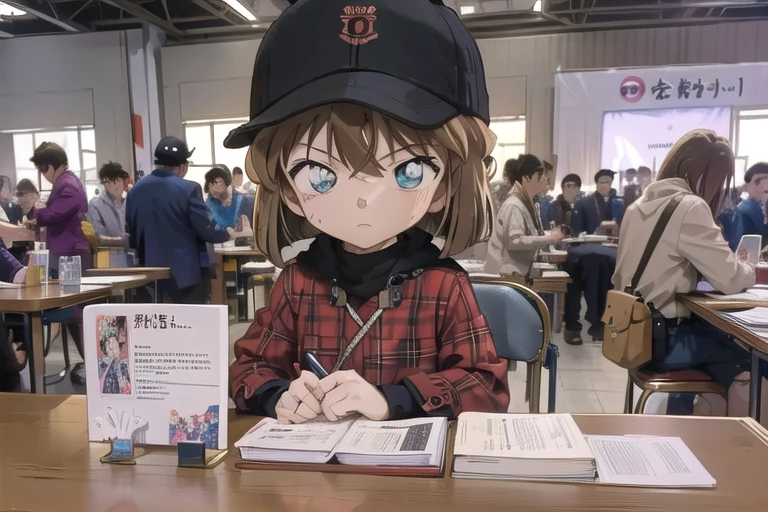 UHD, super detail, 1 Girl,, Haibara ai , Detective Conan,Brown Hair, Shortcuts, hat, mask, (((comiket))), table, chair, book, indoors, photo background, indoors, wide shot,