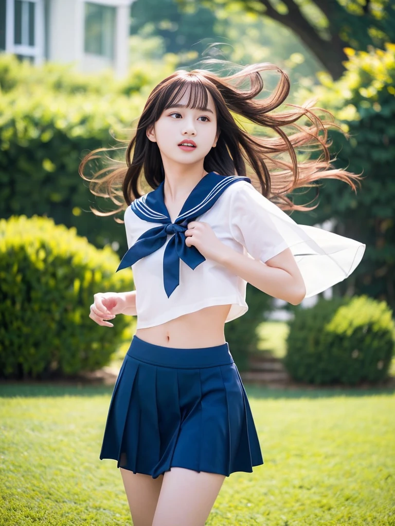 (masterpiece, highest quality:1.4), Award-winning portraits, 8k, 85mm, alone, Beautiful Face, Delicate girl,  (Sailor suit、On the grass), Sophisticated, cute, Teen, Looking at the audience, 15 years old, RAW Photos, Confused, High resolution, Sharp focus, Background blur、(((Flat  、thin and delicate body、Childish atmosphere)))、shiny semi-long hair、ponytail、Mole on the left cheek、 Dark blue eyes、High Kick、the skirt is swaying in the wind、Hair swaying in the wind、sexy、Flexible legs、White panties