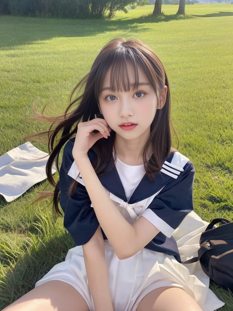 (masterpiece, highest quality:1.4), Award-winning portraits, 8k, 85mm, alone, Beautiful Face, Delicate girl,  (Sailor suit、On the grass), Sophisticated, cute, Teen, Looking at the audience, 15 years old, RAW Photos, Confused, High resolution, Sharp focus, Background blur、(((Flat  、thin and delicate body、Childish atmosphere)))、shiny semi-long hair、ponytail、Mole on the left cheek、 Dark blue eyes、High Kick、the skirt is swaying in the wind、Hair swaying in the wind、sexy、Flexible legs、White panties