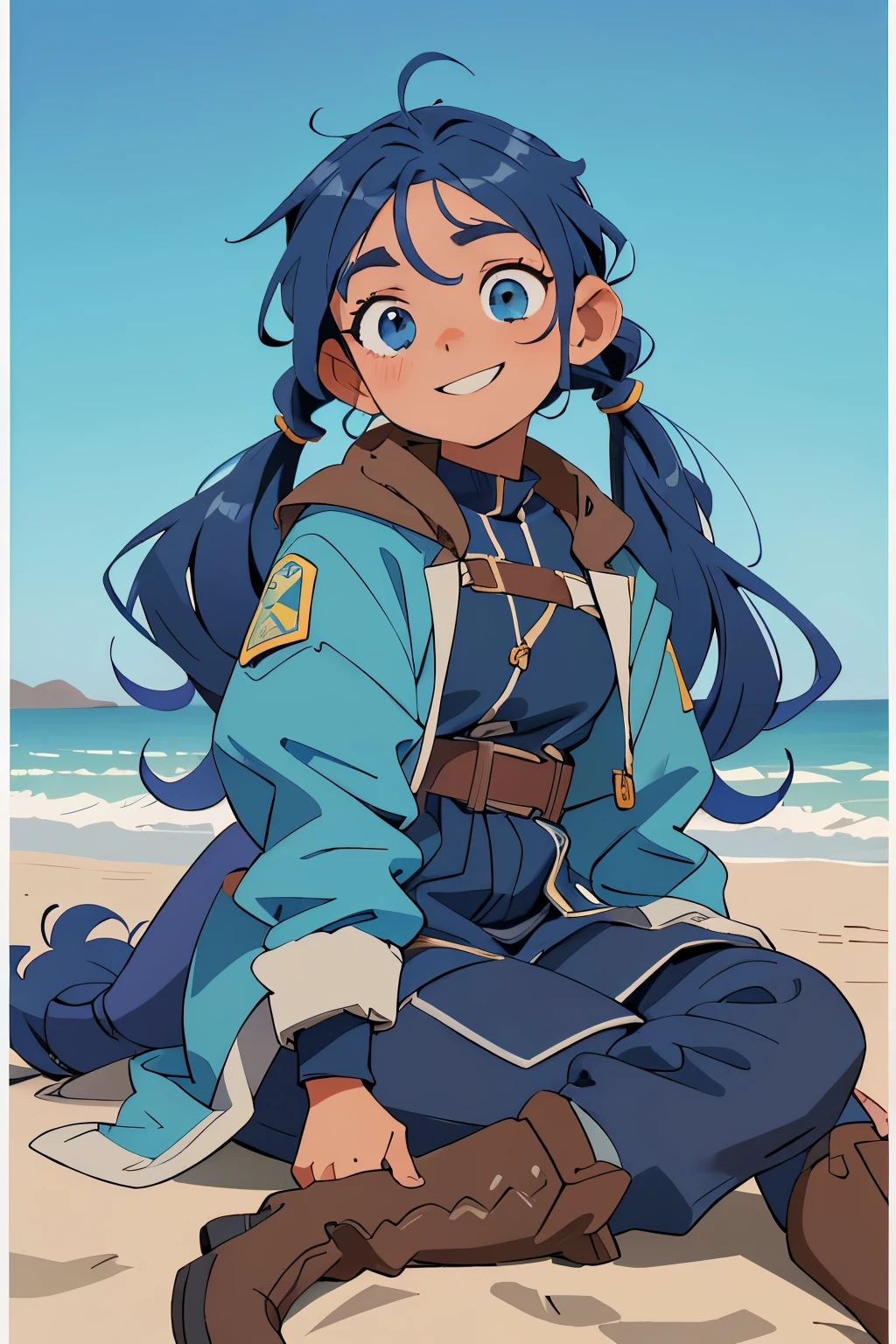 tiro de vaqueiro,realista,melhor qualidade,obra de arte,realista,1 garota,cabelo azul,twintails,cabelo sobre um olho,olhos azuis,cabelo sobre um olho,Sozinho,sorridente,luvas sem dedos,decote,fur trim,cinto,botas de joelho,Jaqueta azul,saia,joia,luvas de cotovelo,Reino de gelo,deserto congelado,Morning,(incrivelmente detalhado, lindo rosto detalhado, obra de arte, melhor qualidade),