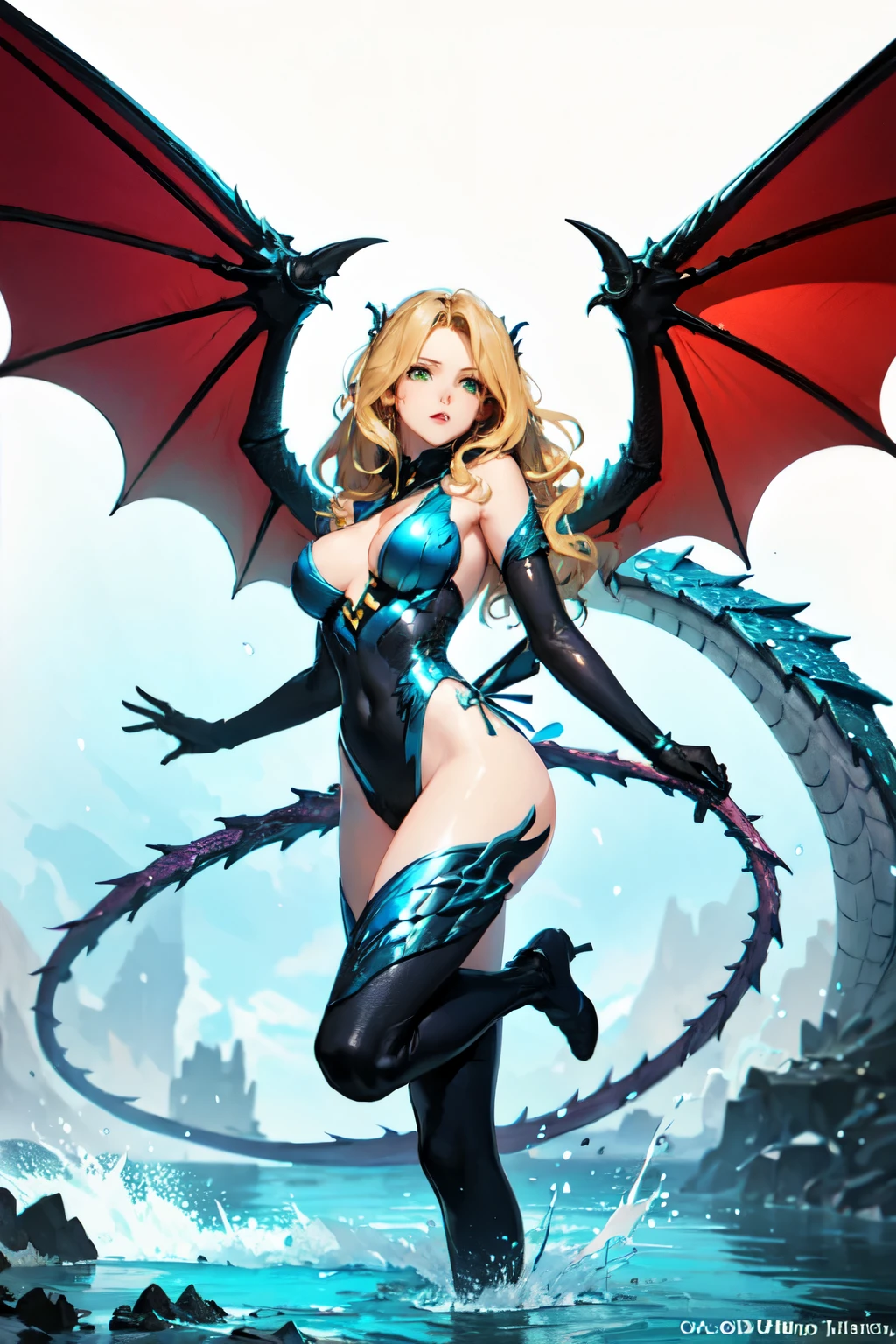 1 girl, blonde hair, wavy hair, green eyes, dragon wings, skin with dragon scales, perfect , round ass, fantasy costume, transparent background, splash art, (uhd), (amazing quality)