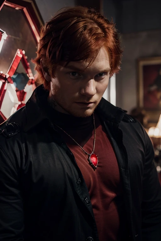 Crie um poster do Ed sheeran, a handsome strongman superhero with a red crystal on his chest, red-haired strong superhero with scarlet diamond powers wearing a black shirt and a scarlet red overcoat with large pointy red crystals coming out of his back