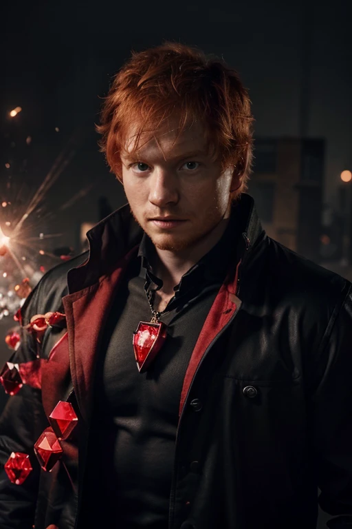 Crie um poster do Ed sheeran, a handsome strongman superhero with a red crystal on his chest, red-haired strong superhero with scarlet diamond powers wearing a black shirt and a scarlet red overcoat with large pointy red crystals coming out of his back