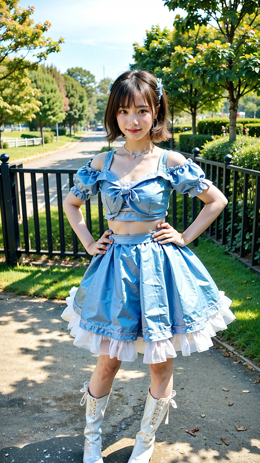 (8k、RAW Photos、highest quality、masterpiece:1.2)、(Realistic、Realistic)、1 girl、((Pink and light blue off-shoulder、Belly button、cute、Check mini skirt、Chest ribbon、boots、Large Breasts、stage、garden、Zoom out、Pretty Cure Costume、smile、View from the front、Standing with hands on hips))、Lots of eyelashes、Glowing eyelids、skeletally correct