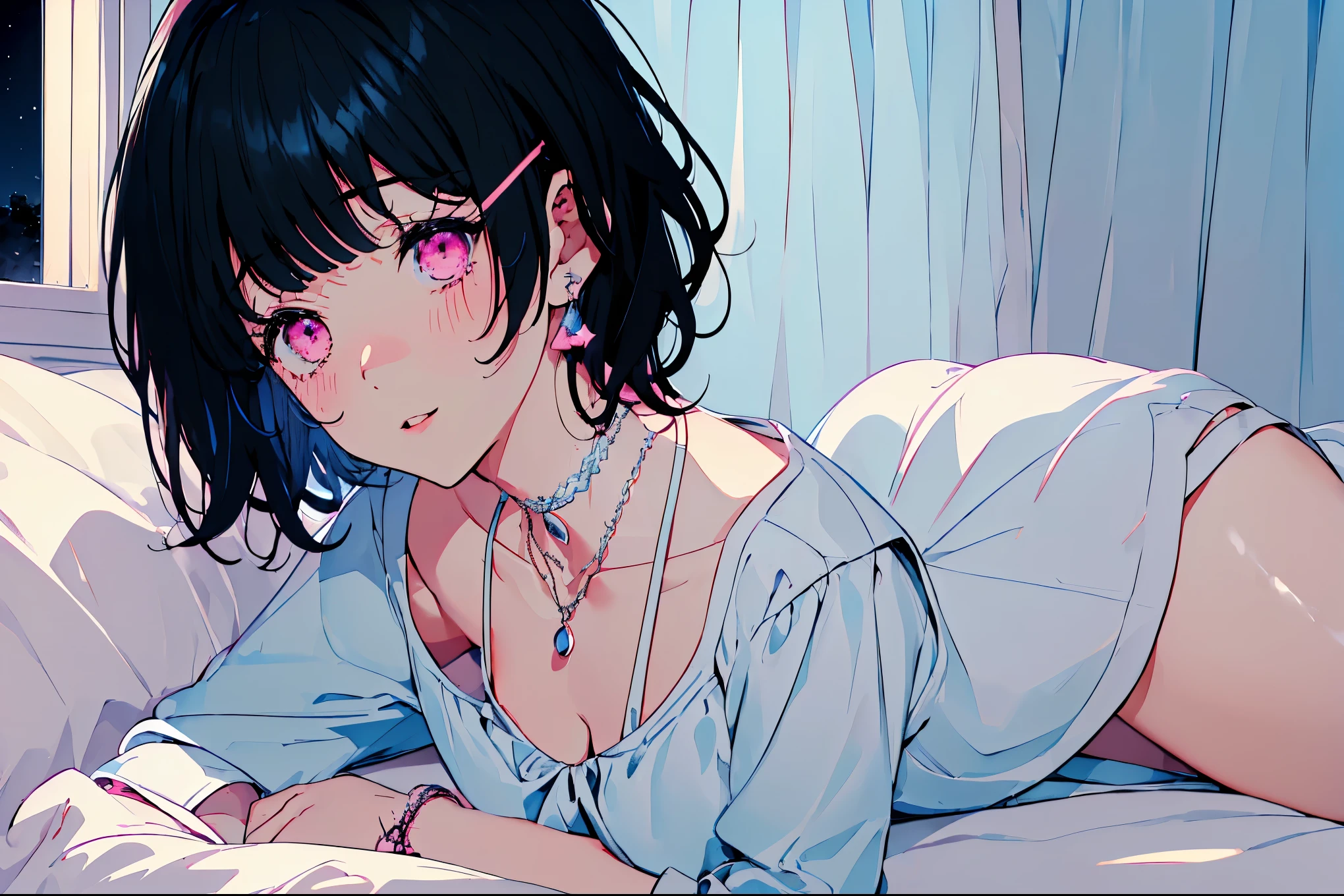 {{{{masterpiece}}}}, {{{Super detailed}}}, {{{high resolution}}},{{high resolution:1.3}}, {{good anatomy}}, (((best quality))), ((on the bed,indoor,blue theme,anime style,anime girl)),(((pink eyes,black hair streaked blue inside))),(big perfect eyes),((yandere,dark eyelash)),(((smart casual in pale blue color,collarbone,white dress, jewelry, choker,necklace,dark atmosphere,night time))), hairclip, {8k cg wallpaper}, {{illustration,zoom in,focus on face,close-up shot, looking out a window}},((floating hair|blunt bangs|short hair|curly perm))smile,(1girl:1), bride,solo,alone,(Color difference:1.2),emotionless,blushing,neat face,(medium breasts),((The details are complex、Shallow depth of field、weak lighting、a Canon EOS R5、50mm lens、f / 2.8、shot at 8k resolution))