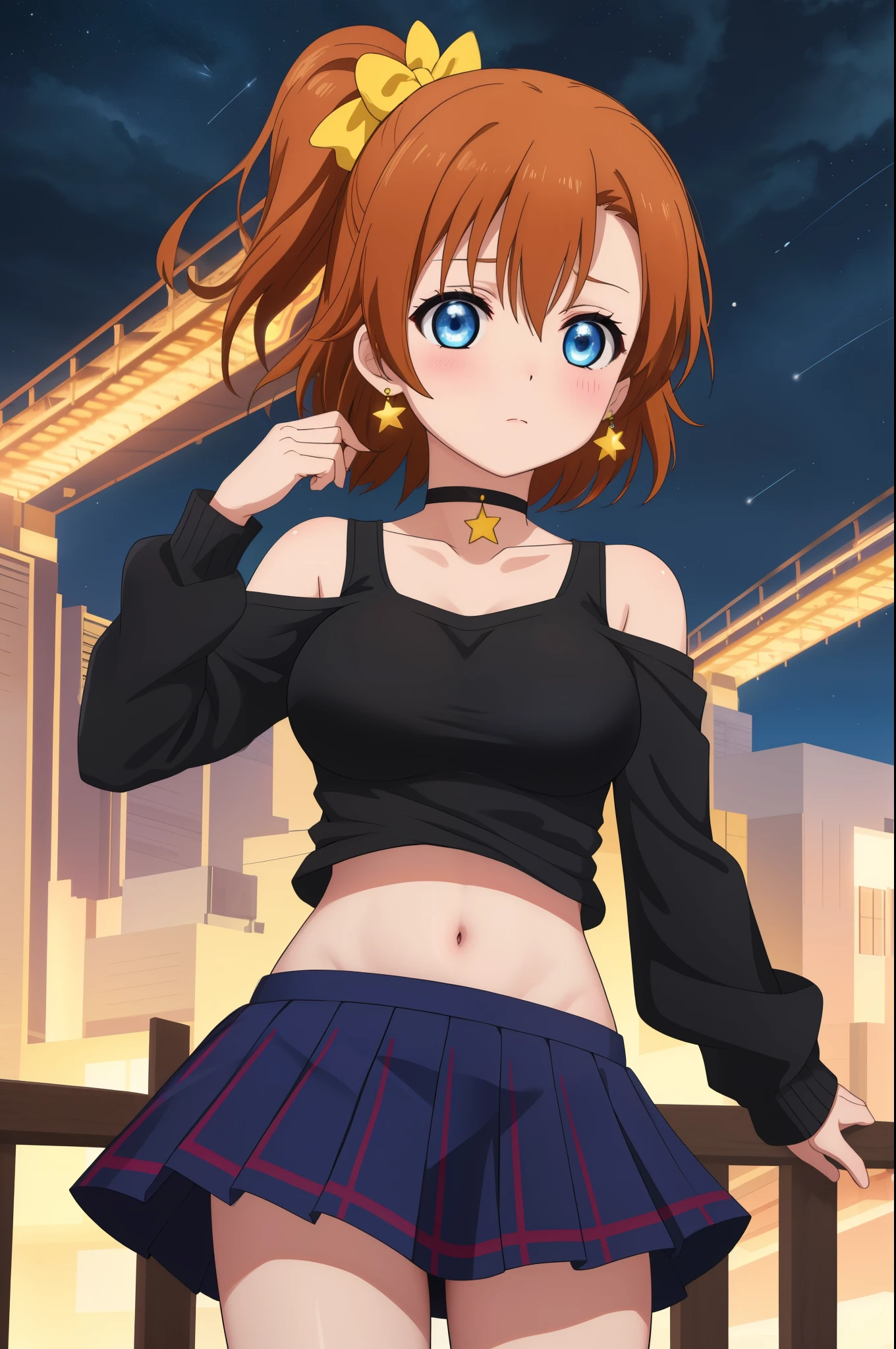 (Masterpiece, Best Quality, High Quality), cowboy shot,kousaka honoka, blue eyes,volumetric lighting, illustration, beautiful, breasts, on bridge, from below, blush, bangs, skirt, large_breasts, shirt, long_sleeves, navel, bare_shoulders, jewelry, closed_mouth, collarbone, pleated_skirt, earrings, outdoors, sky, choker, midriff, hand_up, black_skirt, off_shoulder, crop_top, black_shirt, night, floating_hair, halterneck, black_choker, star_(sky), night_sky, starry_sky