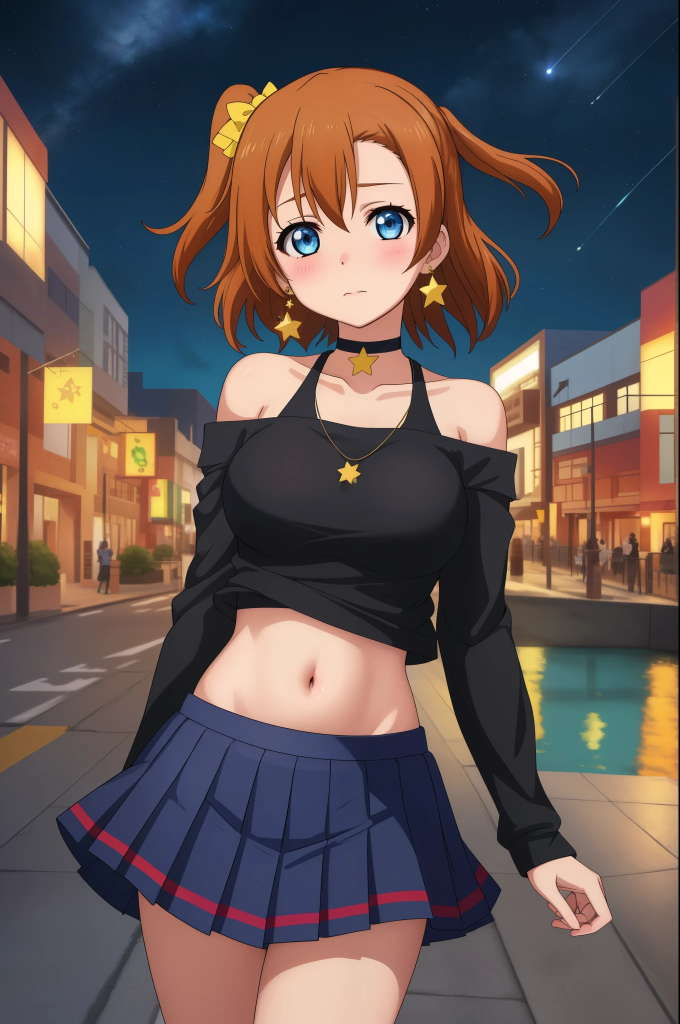 (Masterpiece, Best Quality, High Quality), cowboy shot,kousaka honoka, blue eyes,volumetric lighting, illustration, beautiful, breasts, on bridge,looking_at_viewer, blush, bangs, skirt, large_breasts, shirt, long_sleeves, navel, bare_shoulders, jewelry, closed_mouth, collarbone, pleated_skirt, earrings, outdoors, sky, choker, midriff, hand_up, black_skirt, off_shoulder, crop_top, black_shirt, night, floating_hair, halterneck, black_choker, star_(sky), night_sky, starry_sky, cityscape