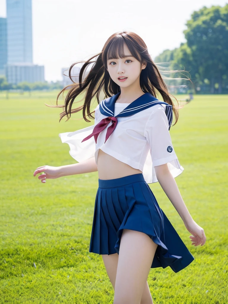 (masterpiece, highest quality:1.4), Award-winning portraits, 8k, 85mm, alone, Beautiful Face, Delicate girl,  (Sailor suit、On the grass), Sophisticated, cute, Teen, Looking at the audience, 15 years old, RAW Photos, Confused, High resolution, Sharp focus, Background blur、(((Flat  、thin and delicate body、Childish atmosphere)))、shiny semi-long hair、ponytail、Mole on the left cheek、 Dark blue eyes、High Kick、the skirt is swaying in the wind、Hair swaying in the wind、sexy、Flexible legs、White panties