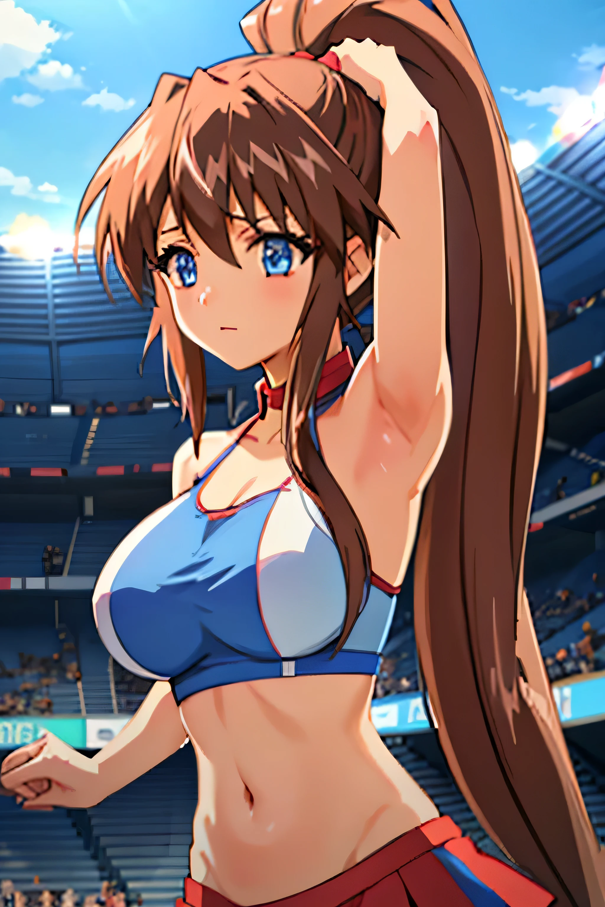 a girl dancing in the football arena, many audience on the background, blue sky, pony tail hair, blue sky, wearing the cheer girl's costume, large breasts, navel