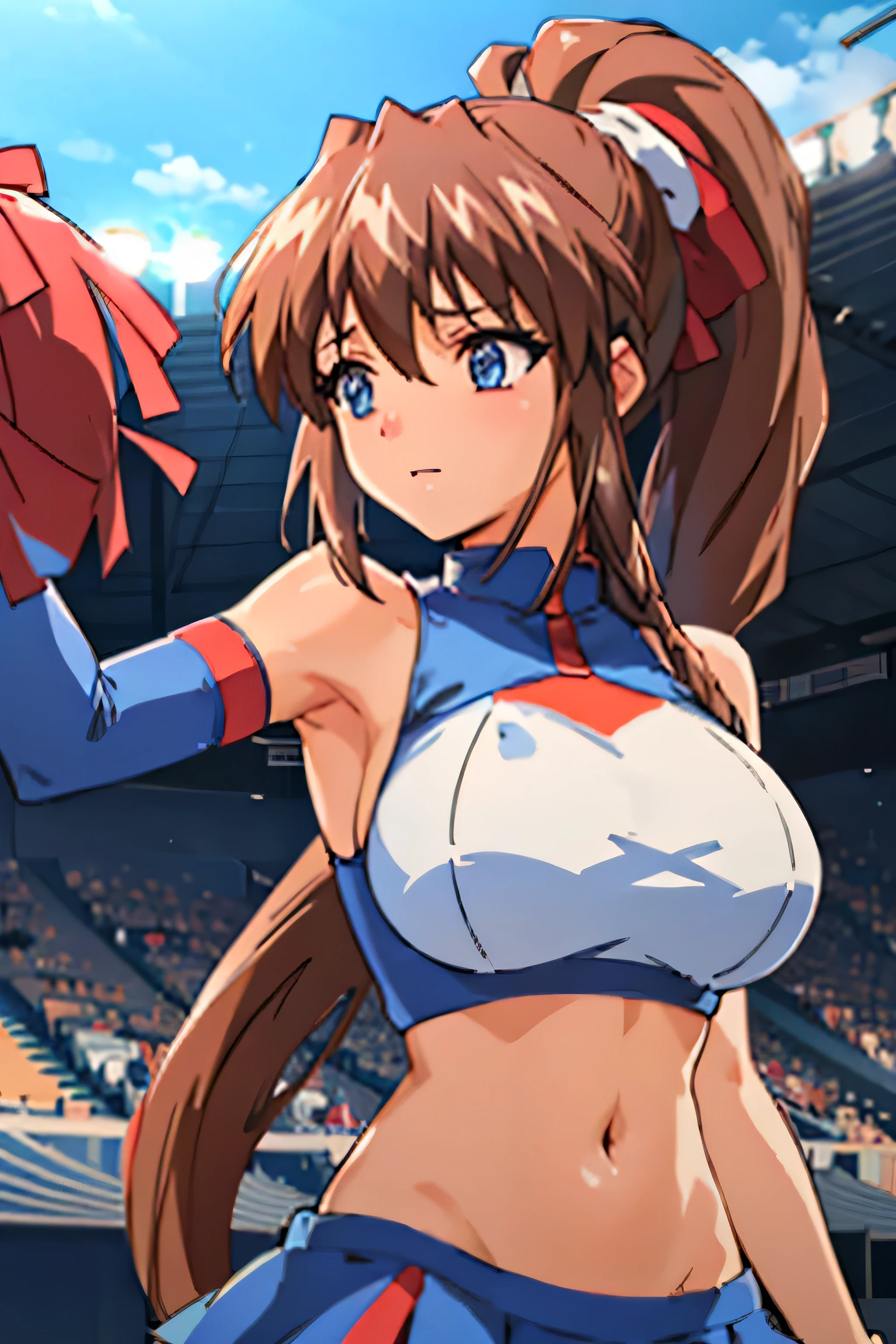 a girl dancing in the football arena, many audience on the background, blue sky, pony tail hair, blue sky, wearing the cheer girl's costume, large breasts, navel