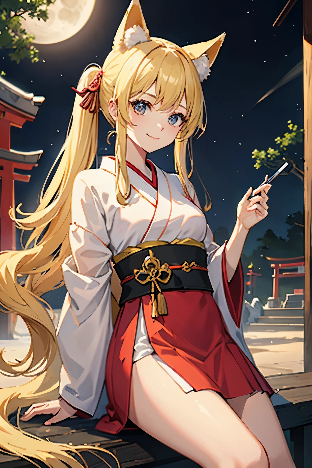 absurdres, absolutely resolution, incredibly absurdres, highres, ultra detailed, official art, unity 8k wallpaper,
BREAK
1 girl, soro, twintails, long hair, blonde hair, fox ears, japanese clothes, kimono, floral print, fox 9 tails,
BREAK
holding fan, straight-on, evil smile,
BREAK
torii, inari, fog, night sky, (moon:1.2),