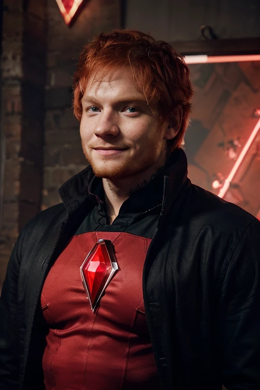 Crie um poster do Ed sheeran, smiling handsome strong man superhero with a red crystal on his chest, red-haired strong superhero with scarlet diamond powers wearing a black shirt and a scarlet red overcoat with large pointy red crystals coming out of his back
