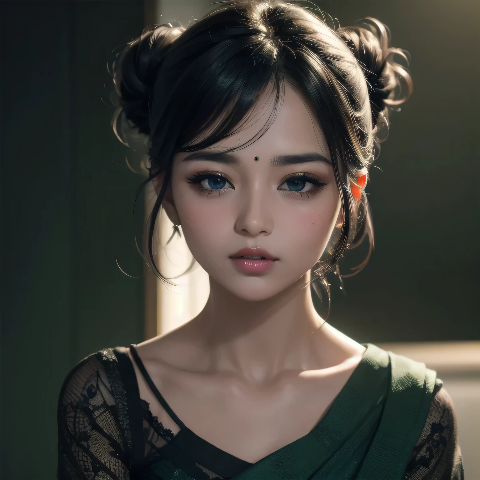 (best quality, highres, ultra-detailed), beautiful detailed eyes, perfect lips, sexy, amazing portrait, messy bun, black hair, amazing makeup, intense blush, flustered, lustful, black blouse, sheer dark green saree, hot, vibrant colors, soft lighting