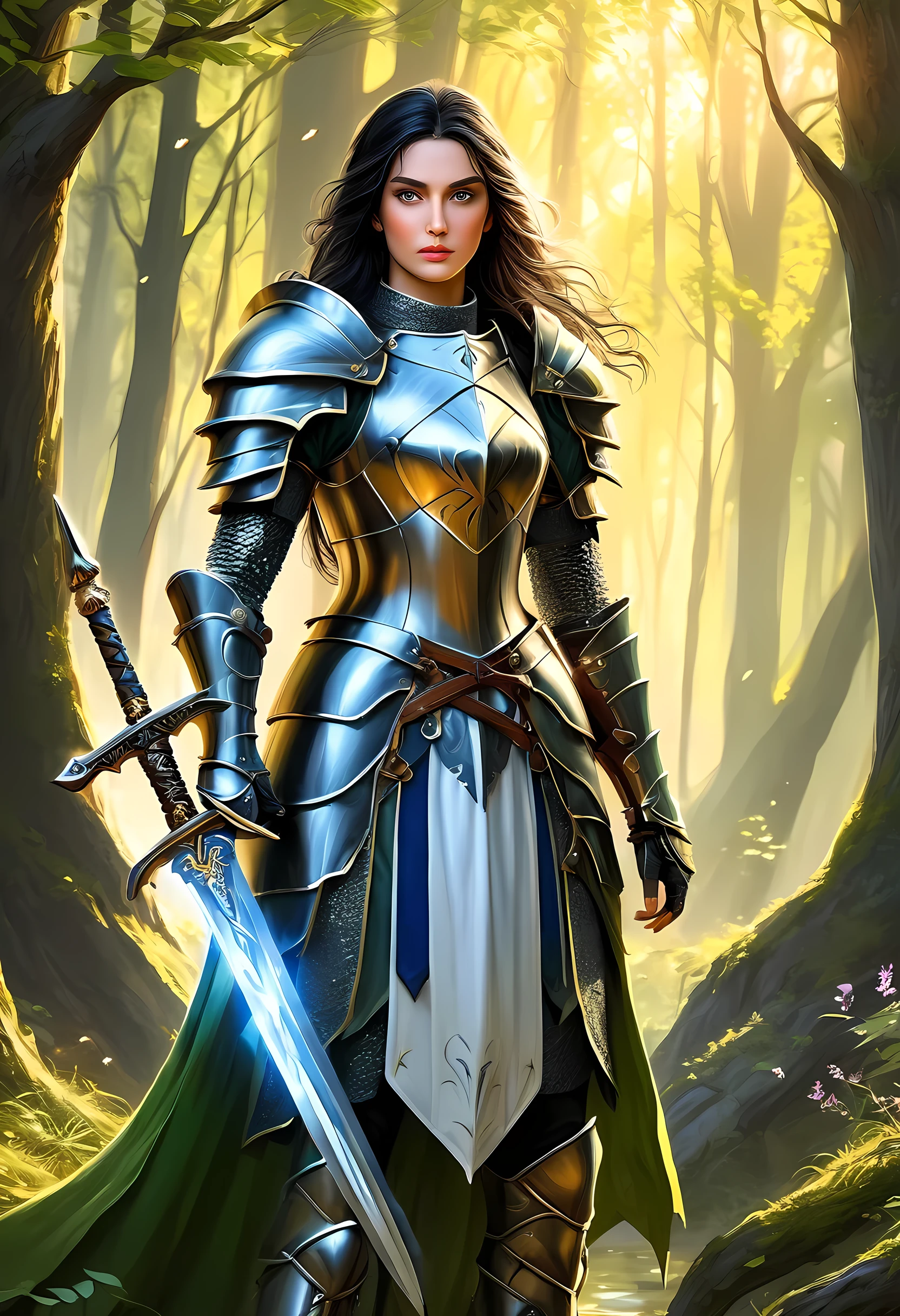 a picture of woman paladin of nature protecting the forest, a woman knight, black hair, long hair, full body (best details, Masterpiece, best quality :1.5), ultra detailed face (best details, Masterpiece, best quality :1.5), ultra feminine (best details, Masterpiece, best quality :1.5), (black hair: 1.2), long hair, braided hair, pale skin, (deep blue: 1.2) eyes, intense eyes, wearying heavy armor, (white armor: 1.2)  (best details, Masterpiece, best quality :1.5), (green cloak: 1.2) , armed with a sword, glowing sword GlowingRunes_yellow, fantasy forest background, D&D art, RPG art, magical atmosphere magic-fantasy-forest, ultra best realistic, best details, best quality, 16k, [ultra detailed], masterpiece, best quality, (extremely detailed), ultra wide shot, photorealism, depth of field, hyper realistic painting, ArmoredDress