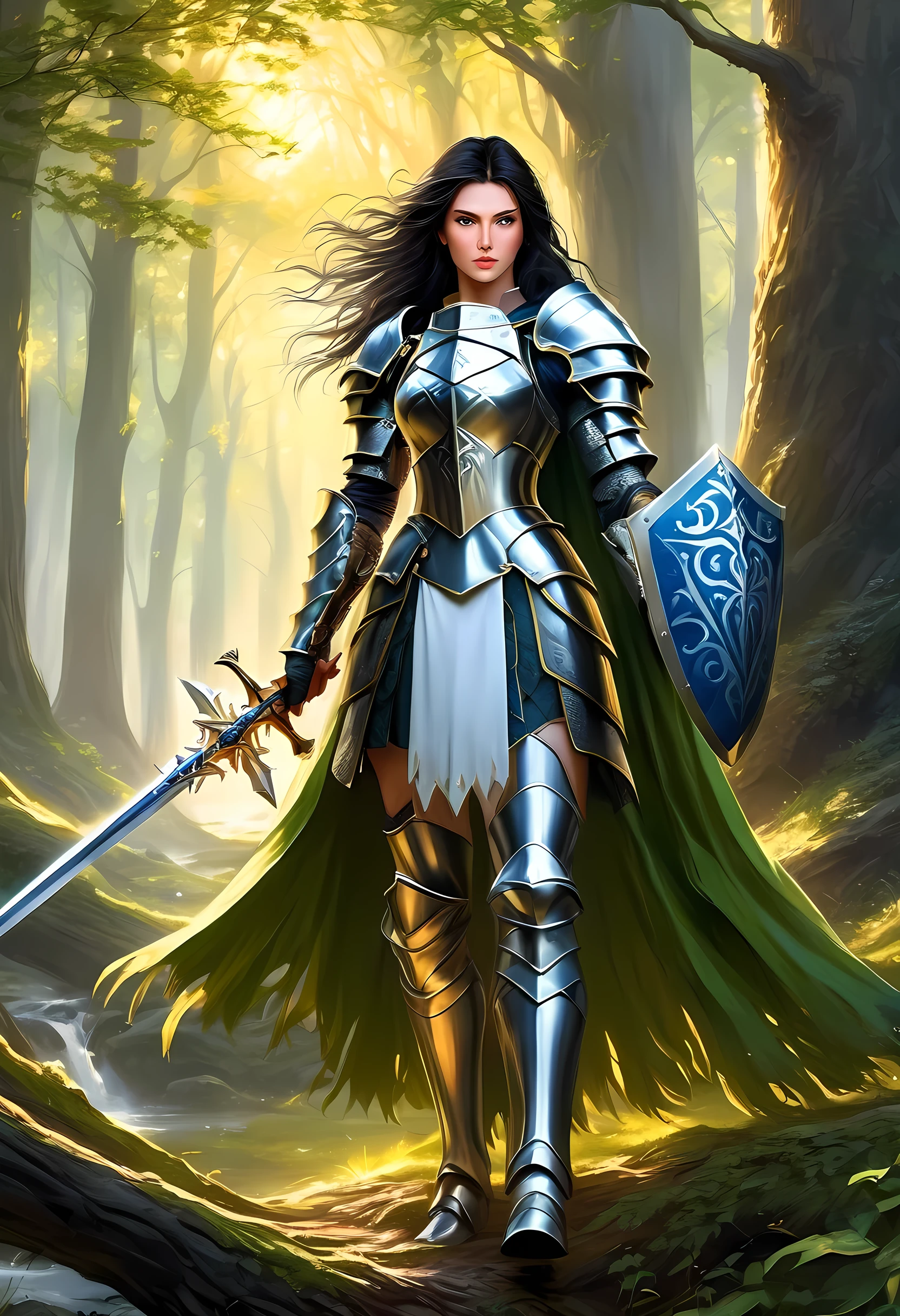 a picture of woman paladin of nature protecting the forest, a woman knight, black hair, long hair, full body (best details, Masterpiece, best quality :1.5), ultra detailed face (best details, Masterpiece, best quality :1.5), ultra feminine (best details, Masterpiece, best quality :1.5), (black hair: 1.2), long hair, braided hair, pale skin, (deep blue: 1.2) eyes, intense eyes, wearying heavy armor, (white armor: 1.2)  (best details, Masterpiece, best quality :1.5), (green cloak: 1.2) , armed with a sword, glowing sword GlowingRunes_yellow, fantasy forest background, D&D art, RPG art, magical atmosphere magic-fantasy-forest, ultra best realistic, best details, best quality, 16k, [ultra detailed], masterpiece, best quality, (extremely detailed), ultra wide shot, photorealism, depth of field, hyper realistic painting, ArmoredDress