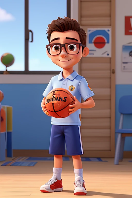 Pedro, um adolescente de 17 anos, acompanhado por seus novos amigos, embarcou em um emocionante jogo de basquete, Vestido Com um uniforme de basquete, eles partiram do jogo e uma quadra de basquete, Pedro, um menino com cabelos castanhos, cabelos beijados pelo sol e brilhantes, Olhos redondos e amendoados, on his face a mustache and wearing glasses, holding a basketball in hands, determinado em ganhar o jogo