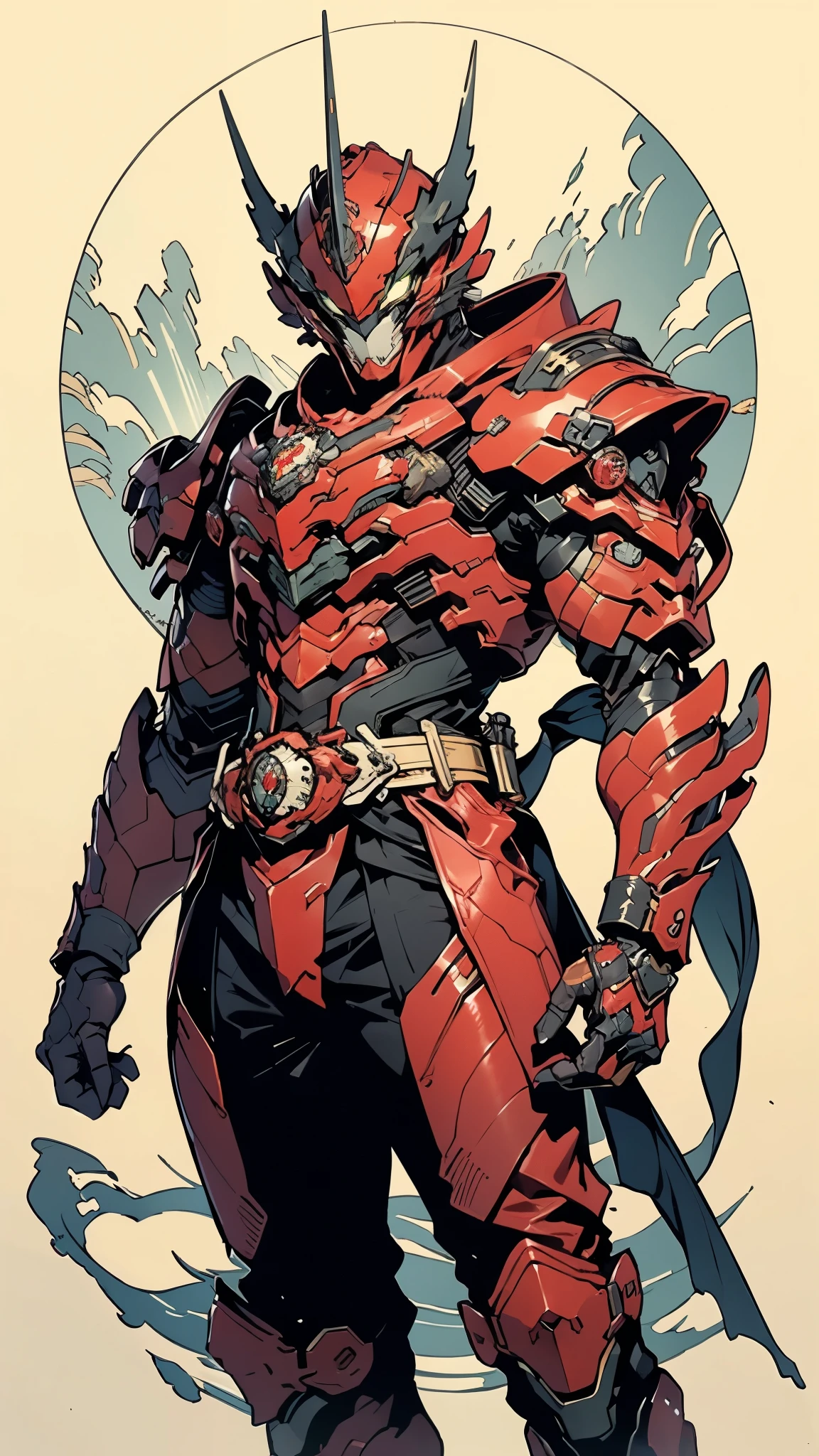 A man wearing a full-face helmet, a fantasy-style biotech armored combat suit, green eyes, (a composite layered chest armor), fully enclosed shoulder guards, matching arm and leg guards, the belt is adorned with Beetle-shaped gem, (the color scheme is primarily black with red accents), the design balances heavy with agility, a high-tech bio-mecha armor, (Dynastinae concept Armor, stand on the top of a skyscraper in a futuristic sci-fi city), this character embodies a finely crafted fantasy-surreal style armored hero in anime style, exquisite and mature manga art style, (element, plasma, energy, the armor glows), ((male:1.5)), metallic, real texture material, dramatic, high definition, best quality, highres, ultra-detailed, ultra-fine painting, extremely delicate, professional, perfect body proportions, golden ratio, anatomically correct, symmetrical face, extremely detailed eyes and face, high quality eyes, creativity, RAW photo, UHD, 32k, Natural light, cinematic lighting, masterpiece-anatomy-perfect, masterpiece:1.5