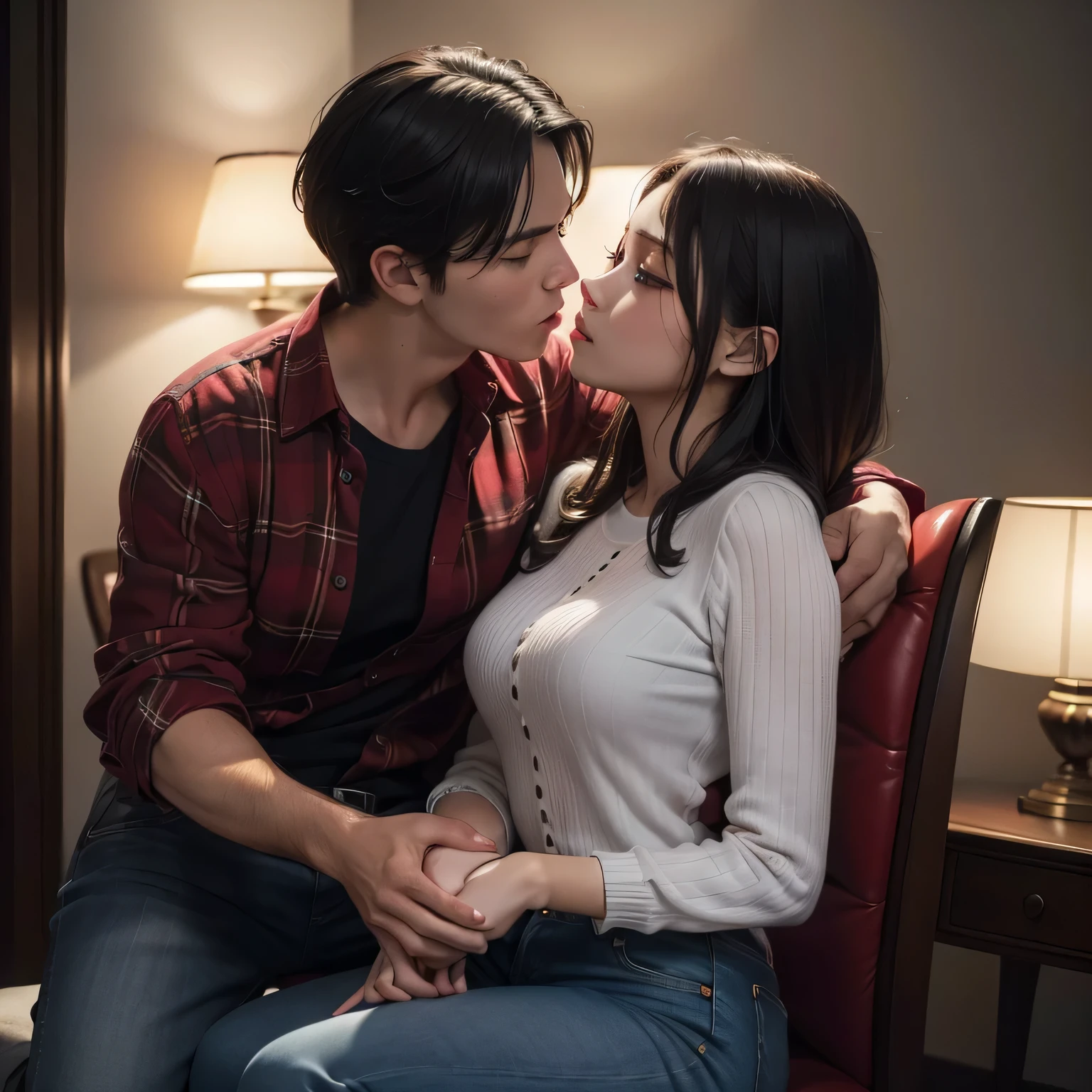 (best quality,4k,8k,highres,masterpiece:1.2),ultra-detailed,(realistic,photorealistic,photo-realistic:1.37), portraits,color grading,dramatic lighting,passionate,love,attraction,erotic,sensual,red dress,flannel shirt,jeans,sexy woman,young man,on lap,chair,kissing,making out,dim lighting,desire,lust