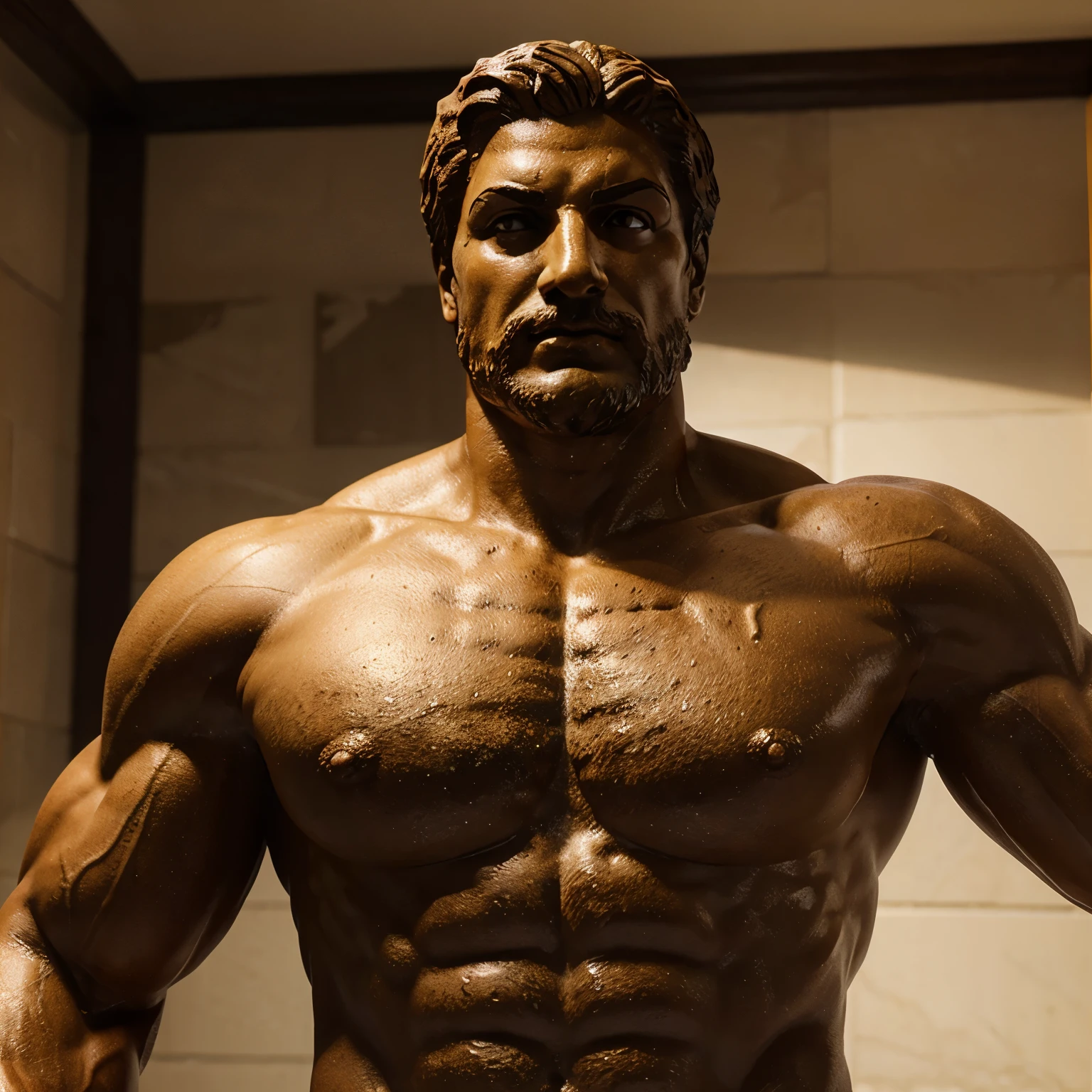 Greek muscle man statue, Greek God, philosopher, 3D realistic, facing the camera, a little away from the camera