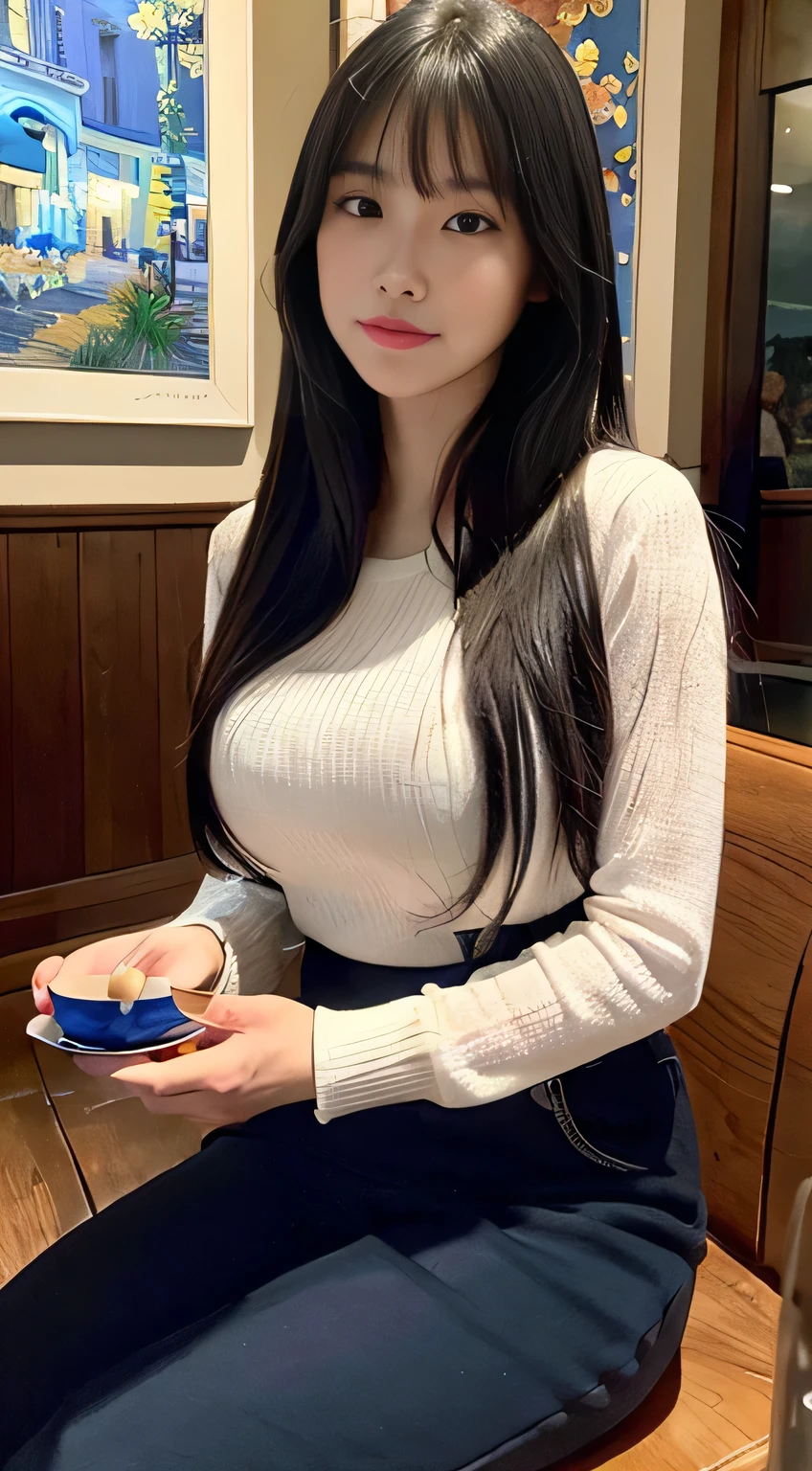 Ultra detail, high resolution, (realistic, realistic:1.4), 8k, (best quality), physical-based rendering, realistic photography, professional color grading, highest quality, ((highest quality)), ((masterpiece)), ((realistic)), Portrait of a woman with long straight Black hair with bangs hair sitting in a cozy café enjoying a cup of coffee. The painting captures the warmth and atmosphere of the environment with soft lighting. Artist Vincent Van Gogh brings his distinctive impressionist style to life through vibrant and dynamic lighting. The medium used is oil on canvas, which ensures high-quality detailed expression. It is rich in color and expressive, creating realistic and captivating scenes. This masterpiece depicts the serenity and beauty of its subjects, capturing the moment perfectly. Eye level, scenery, masterpieces