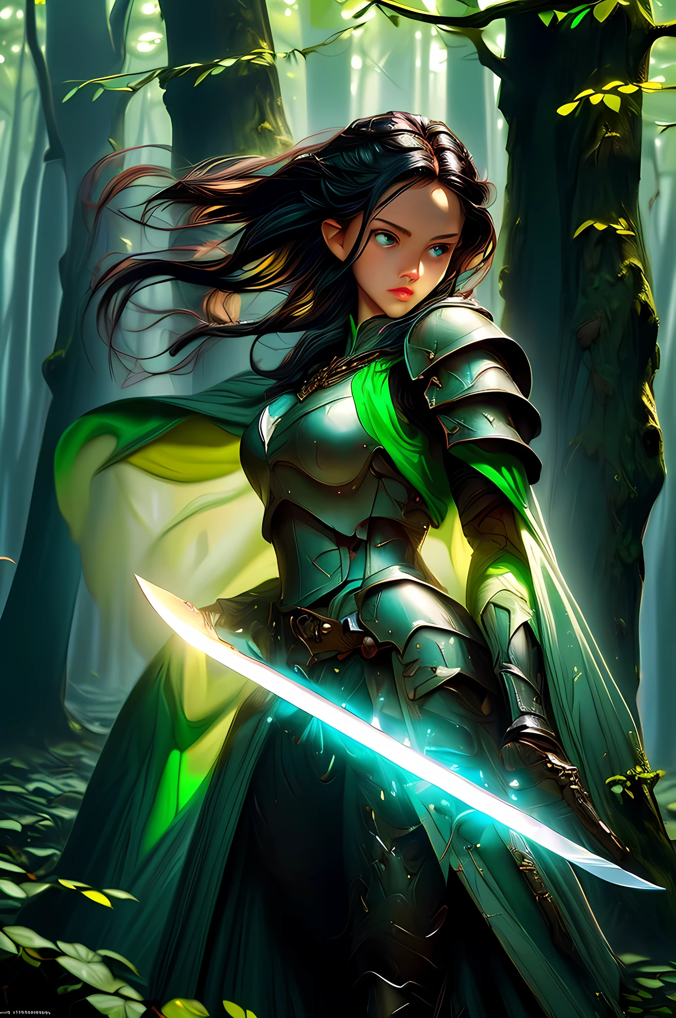 a picture of woman paladin of nature protecting the forest, a woman knight, black hair, long hair, full body (best details, Masterpiece, best quality :1.5), ultra detailed face (best details, Masterpiece, best quality :1.5), ultra feminine (best details, Masterpiece, best quality :1.5), (black hair: 1.2), long hair, braided hair, pale skin, (deep blue: 1.2) eyes, intense eyes, wearying heavy armor, (white armor: 1.2)  (best details, Masterpiece, best quality :1.5), (green cloak: 1.2) , armed with a sword, glowing sword GlowingRunes_yellow, fantasy forest background, D&D art, RPG art, magical atmosphere magic-fantasy-forest, ultra best realistic, best details, best quality, 16k, [ultra detailed], masterpiece, best quality, (extremely detailed), ultra wide shot, photorealism, depth of field, hyper realistic painting