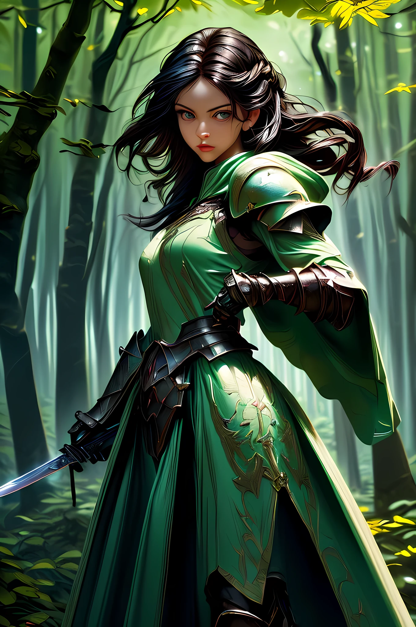 a picture of woman paladin of nature protecting the forest, a woman knight, black hair, long hair, full body (best details, Masterpiece, best quality :1.5), ultra detailed face (best details, Masterpiece, best quality :1.5), ultra feminine (best details, Masterpiece, best quality :1.5), (black hair: 1.2), long hair, braided hair, pale skin, (deep blue: 1.2) eyes, intense eyes, wearying heavy armor, (white armor: 1.2)  (best details, Masterpiece, best quality :1.5), (green cloak: 1.2) , armed with a sword, glowing sword GlowingRunes_yellow, fantasy forest background, D&D art, RPG art, magical atmosphere magic-fantasy-forest, ultra best realistic, best details, best quality, 16k, [ultra detailed], masterpiece, best quality, (extremely detailed), ultra wide shot, photorealism, depth of field, hyper realistic painting