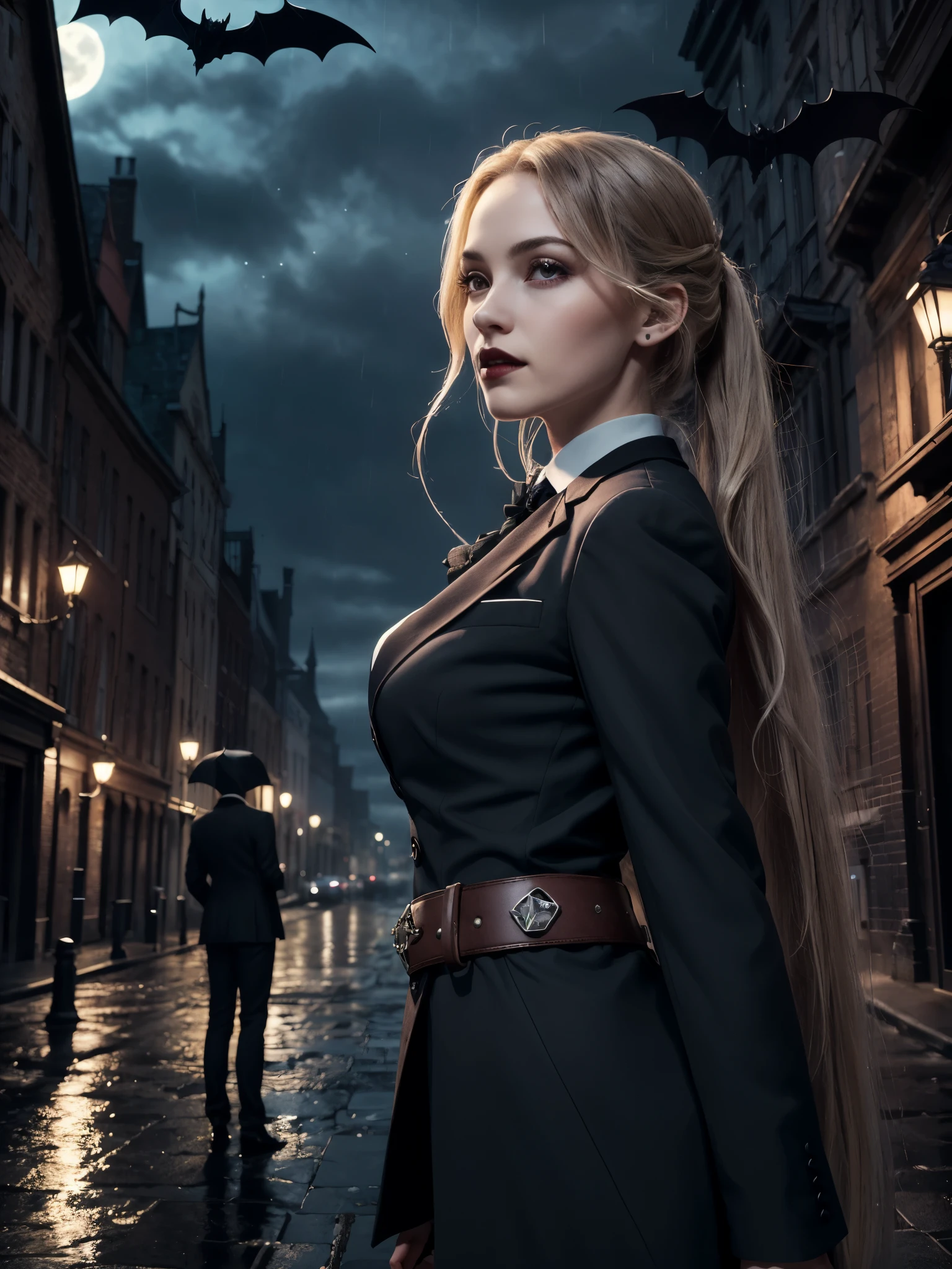 1girl, formal suit, blazer, absurdly long hair, very long hair, extremely long hair, belt, simple geometric pendant, Colorsplash, (from side:1.3), (rainy:1.2) starry moonlit night, a noble vampire, ((gothic street background)), ((bats)), Bloodborne, (looking at viewer:1.4), gigantic breasts, 