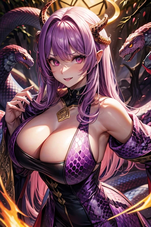 giant snake with two purple heads purple scales decorated with golden runes red eyes sharp white fangs looking straight at the viewer forest background rattlesnake with red stinger