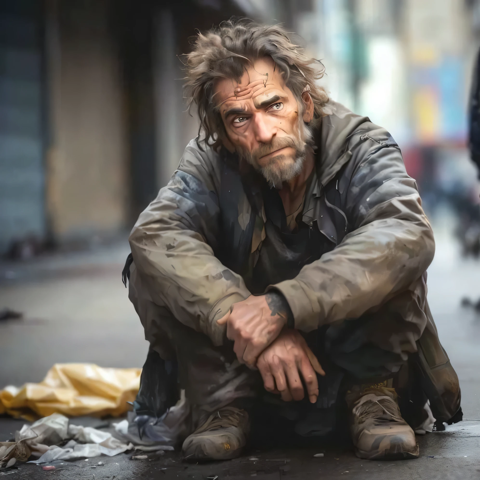 arafed man sitting on the ground in a dirty city, donald trump as a homeless man, homeless, cyberpunk homeless, a photo of a disheveled man, destitute, skilled homeless, poverty, by Matija Jama, beautiful portrait of a hopeless, begging, sad man, shutterstock, by Antoine Wiertz, by Etienne Delessert