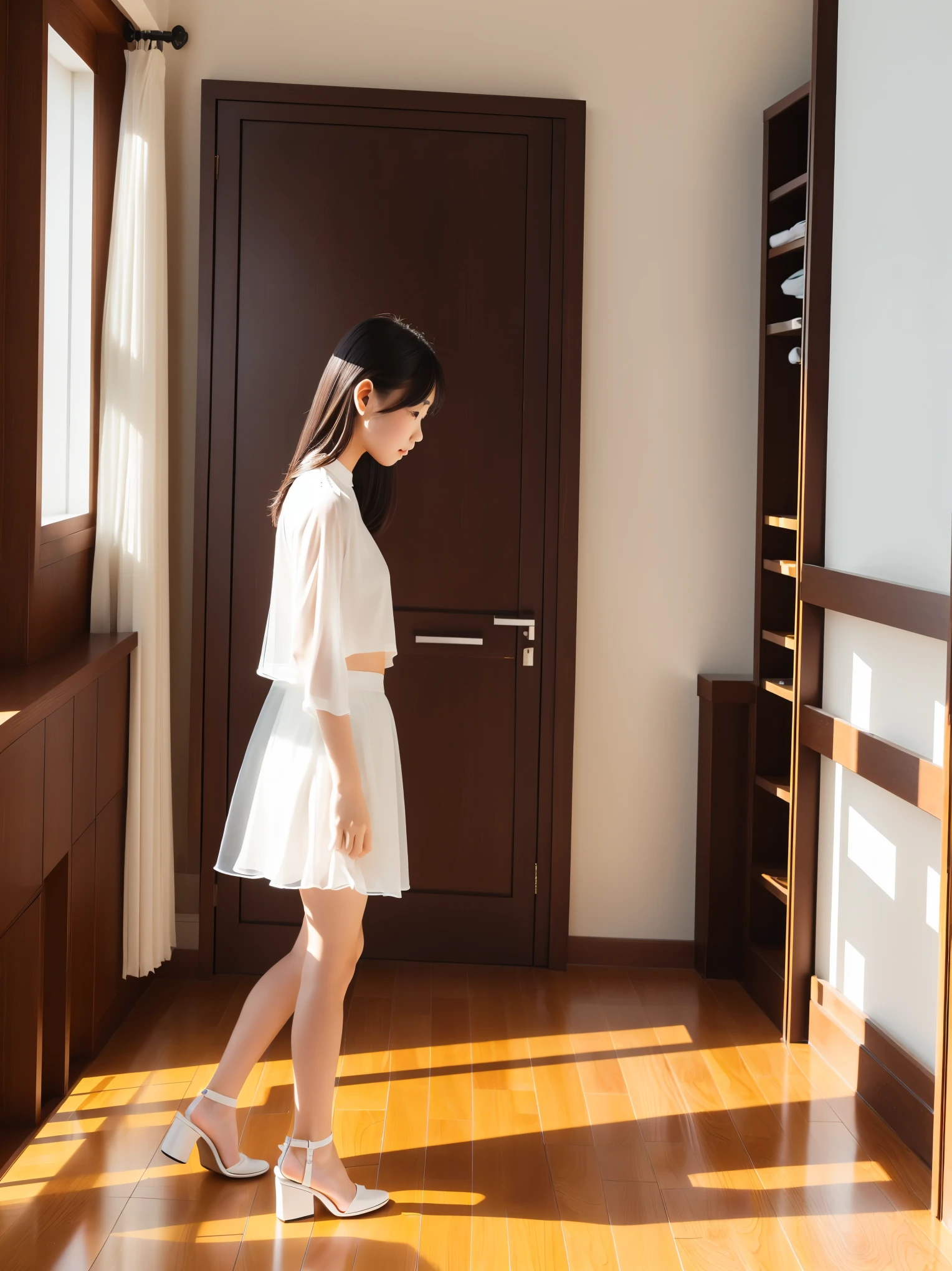 ((Full body:1.2,Voyeur from the side:1.2,from a distance:1.2)),3 Japanese girls,(kneeling),(arms behind back),blushing and embarrassed face,summer casual style,See-through white blouse,See-through white flare skirt,white choker,See-through white Panty,white high heels,slim body shape,from below,realistic,best quality,ultra-detailed,high resolution,beautiful white skin,looking at another,flooring room