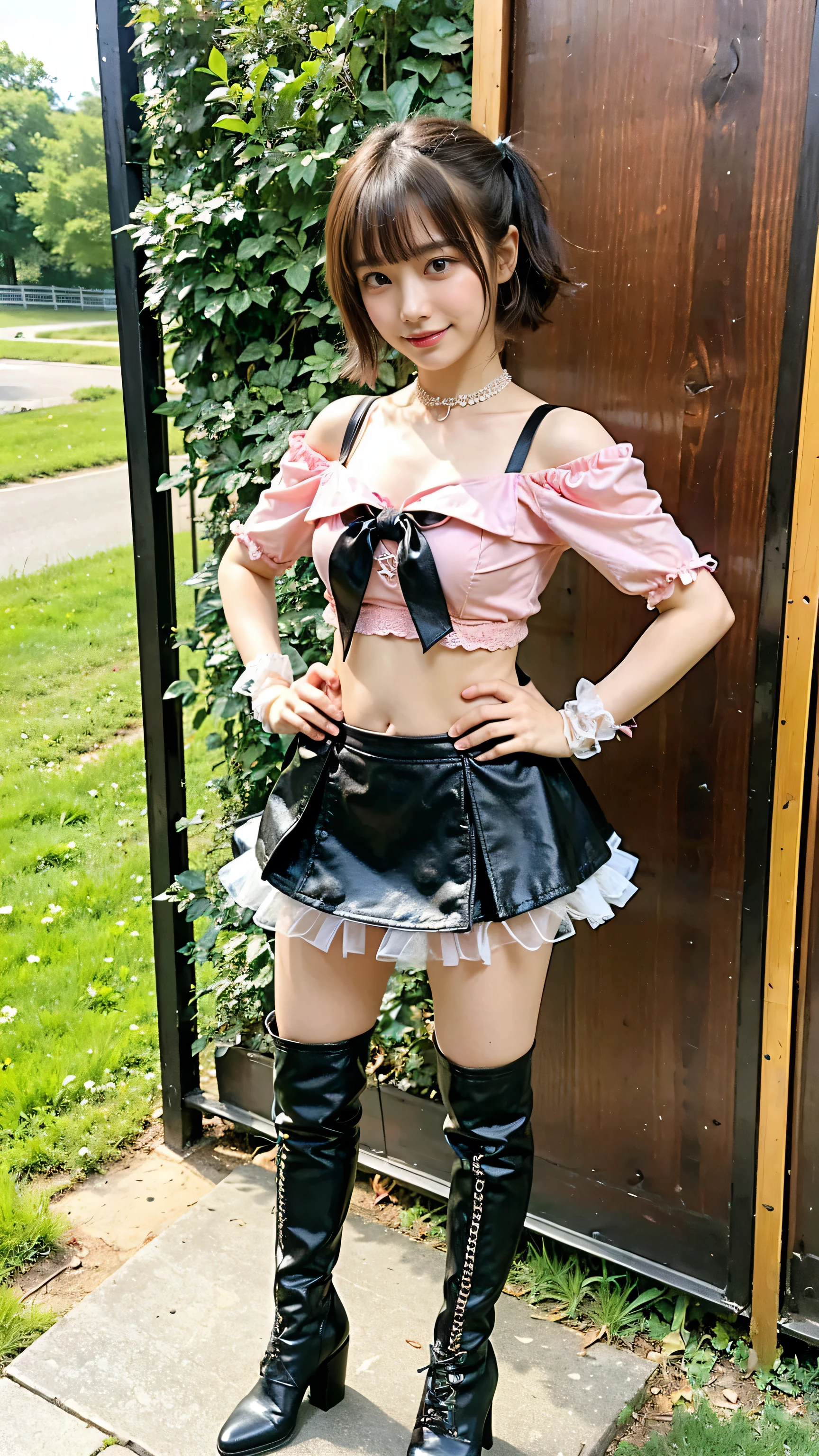 (8k、RAW Photos、highest quality、masterpiece:1.2)、(Realistic、Realistic)、1 girl、((Pink and black off-the-shoulder、Belly button、cute、Check mini skirt、Chest ribbon、boots、Large Breasts、stage、garden、Zoom out、Pretty Cure Costume、smile、View from the front、Standing with hands on hips))、Lots of eyelashes、Glowing eyelids、skeletally correct