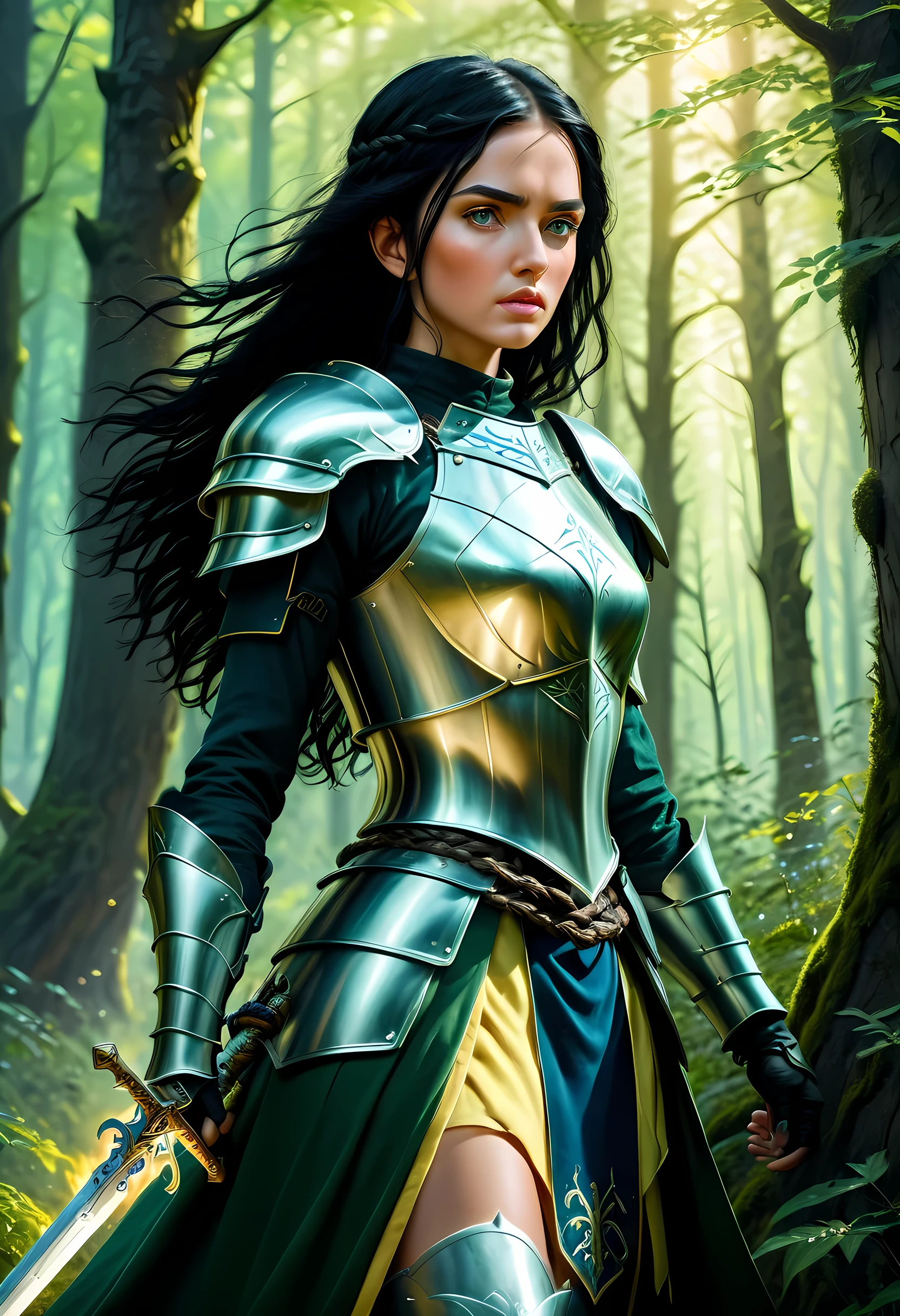 a picture of woman paladin of nature protecting the forest, a woman knight, black hair, long hair, full body (best details, Masterpiece, best quality :1.5), ultra detailed face (best details, Masterpiece, best quality :1.5), ultra feminine (best details, Masterpiece, best quality :1.5), (black hair: 1.2), long hair, braided hair, pale skin, (deep blue: 1.2) eyes, intense eyes, wearying heavy armor, (white armor: 1.2)  (best details, Masterpiece, best quality :1.5), (green cloak: 1.2) , armed with a sword, glowing sword GlowingRunes_yellow, fantasy forest background, D&D art, RPG art, magical atmosphere magic-fantasy-forest, ultra best realistic, best details, best quality, 16k, [ultra detailed], masterpiece, best quality, (extremely detailed), ultra wide shot, photorealism, depth of field, hyper realistic painting, ArmoredDress