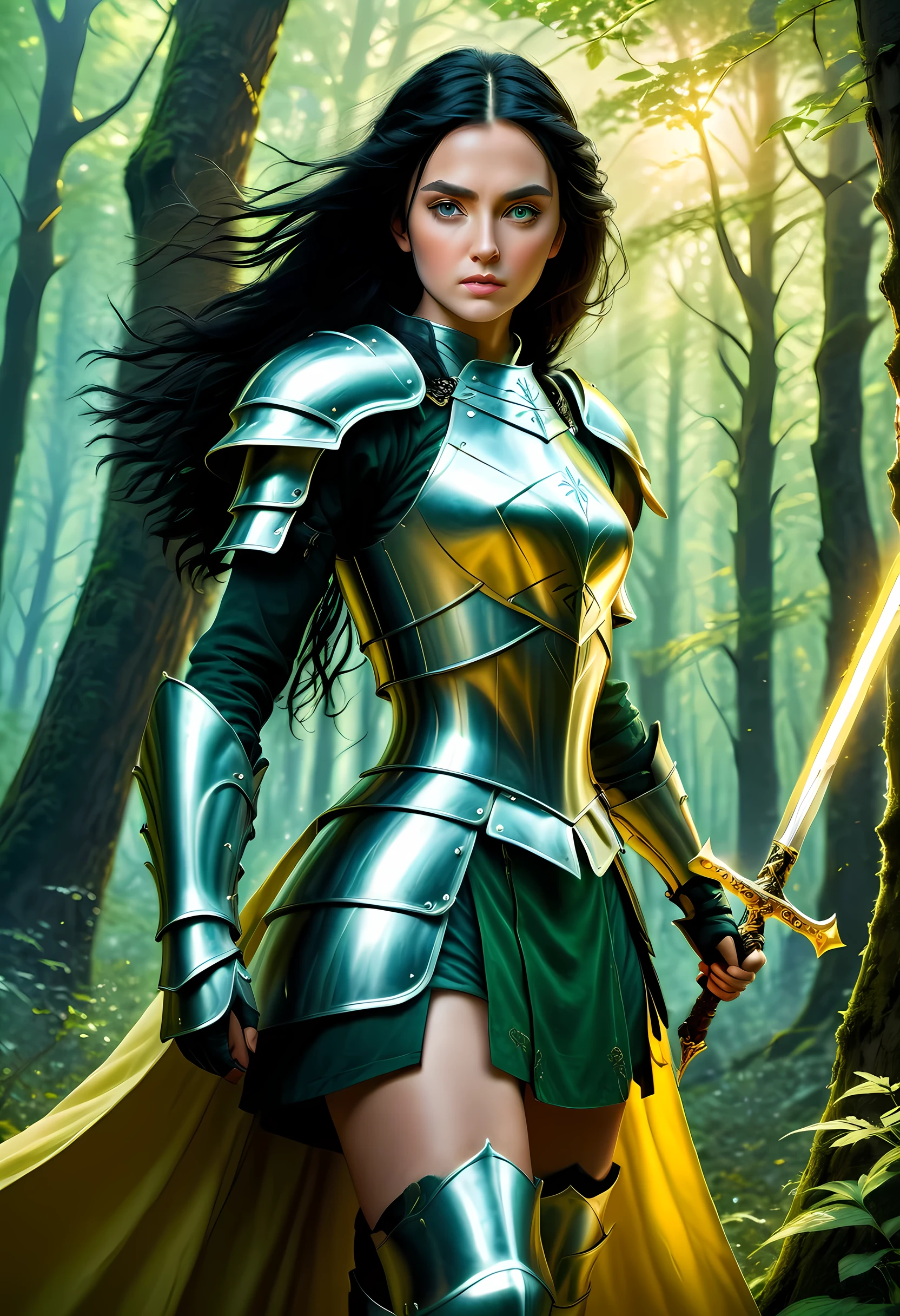 a picture of woman paladin of nature protecting the forest, a woman knight, black hair, long hair, full body (best details, Masterpiece, best quality :1.5), ultra detailed face (best details, Masterpiece, best quality :1.5), ultra feminine (best details, Masterpiece, best quality :1.5), (black hair: 1.2), long hair, braided hair, pale skin, (deep blue: 1.2) eyes, intense eyes, wearying heavy armor, (white armor: 1.2)  (best details, Masterpiece, best quality :1.5), (green cloak: 1.2) , armed with a sword, glowing sword GlowingRunes_yellow, fantasy forest background, D&D art, RPG art, magical atmosphere magic-fantasy-forest, ultra best realistic, best details, best quality, 16k, [ultra detailed], masterpiece, best quality, (extremely detailed), ultra wide shot, photorealism, depth of field, hyper realistic painting, ArmoredDress