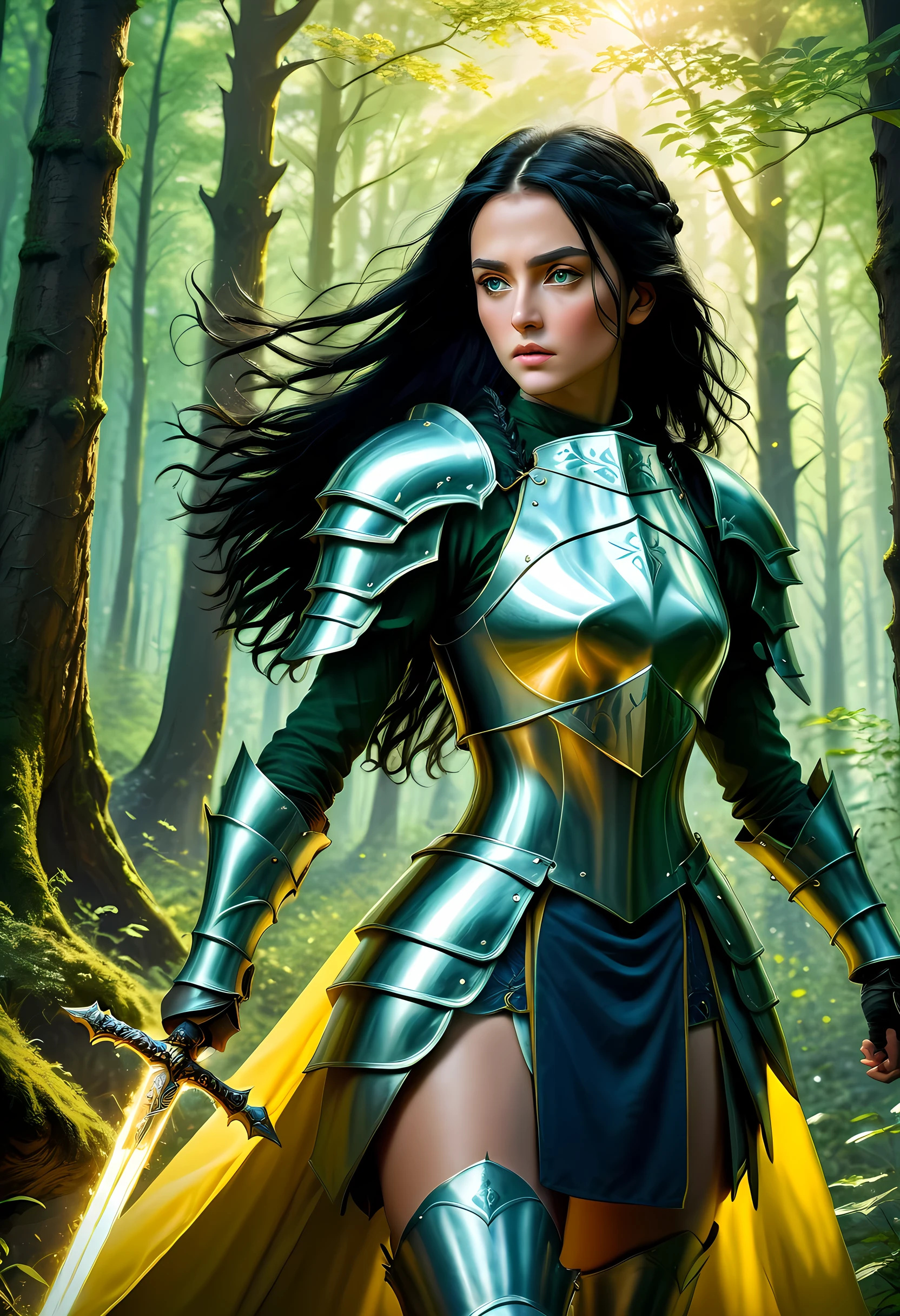 a picture of woman paladin of nature protecting the forest, a woman knight, black hair, long hair, full body (best details, Masterpiece, best quality :1.5), ultra detailed face (best details, Masterpiece, best quality :1.5), ultra feminine (best details, Masterpiece, best quality :1.5), (black hair: 1.2), long hair, braided hair, pale skin, (deep blue: 1.2) eyes, intense eyes, wearying heavy armor, (white armor: 1.2)  (best details, Masterpiece, best quality :1.5), (green cloak: 1.2) , armed with a sword, glowing sword GlowingRunes_yellow, fantasy forest background, D&D art, RPG art, magical atmosphere magic-fantasy-forest, ultra best realistic, best details, best quality, 16k, [ultra detailed], masterpiece, best quality, (extremely detailed), ultra wide shot, photorealism, depth of field, hyper realistic painting, ArmoredDress