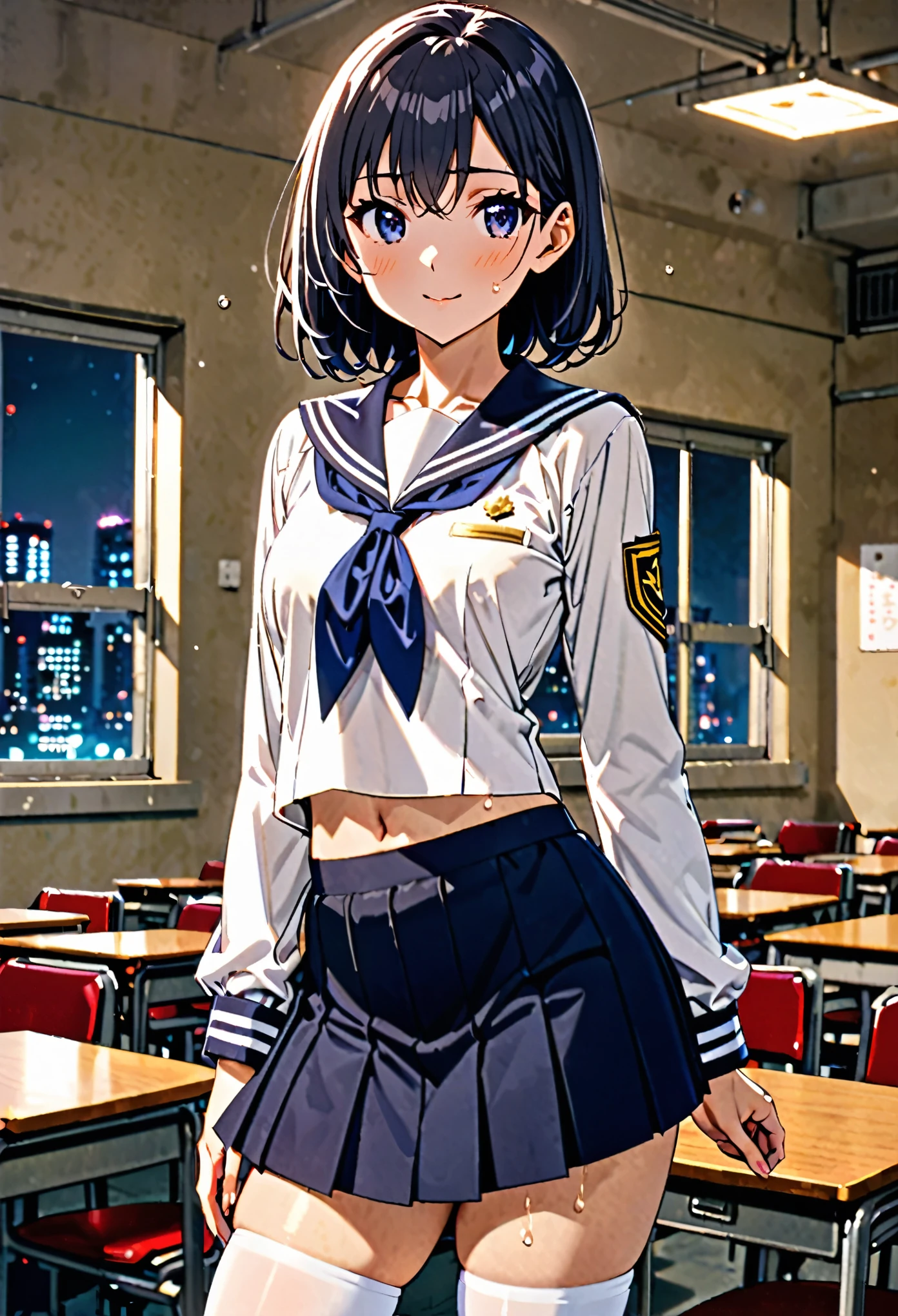 ,1 female,The perfect 20 years old,((ideal ratio body proportions:1.3,small head:1.7)),((brown skin)),((high quality anime, 8k,masterpiece,Perfect Anatomy)),(beautiful detailed face and eyes,gorgeous eye:1.3),black eyes,black hair,short bob hair,bangs,shy,smile,cowboy shot,small breasts,slender body, toned  body,skinny,sweat,  BREAK  ,Academy服,Sailor suit、blue neckerchief、pleated navy mini skirt,white_thighhighs,　BREAK   ,classroom、Academy、Tokyo、at night、
